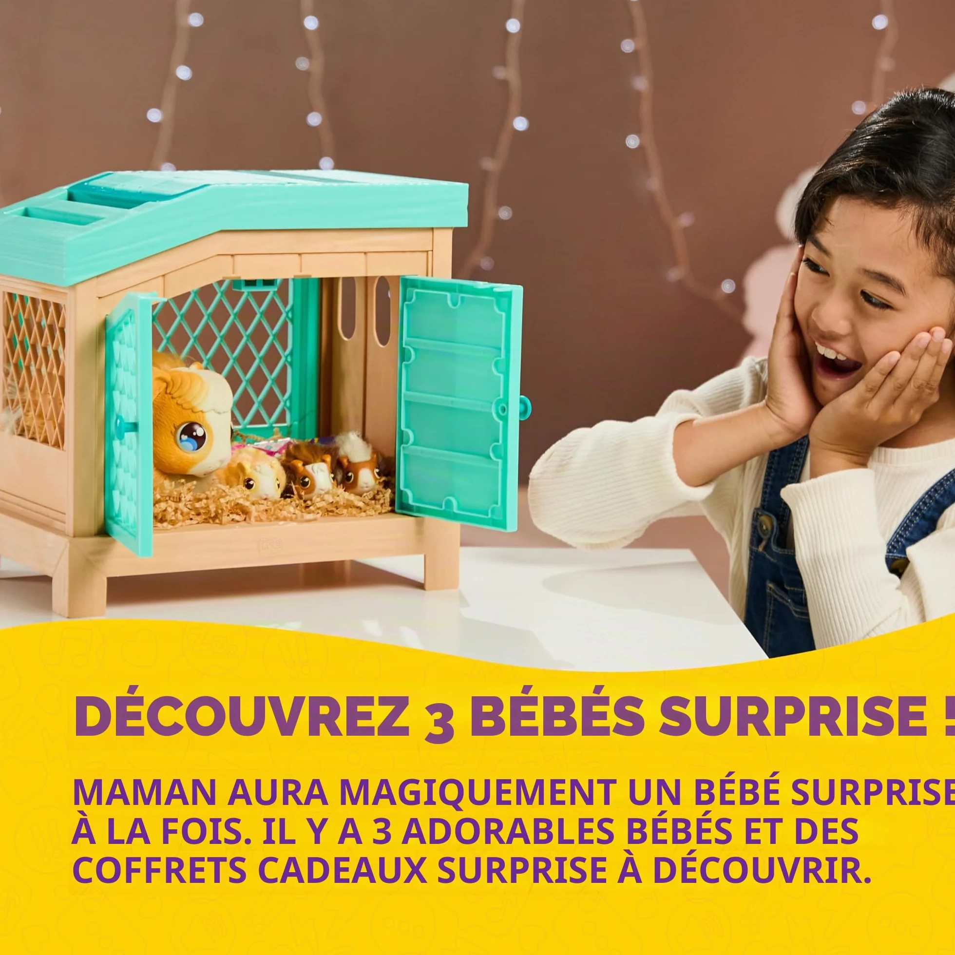 LLP Little Live Pets Mama Surprise Maman Cochon d’Inde Interactive Pelage Doux avec Clapier et 3 Bébés Surprises Sons et Réactions