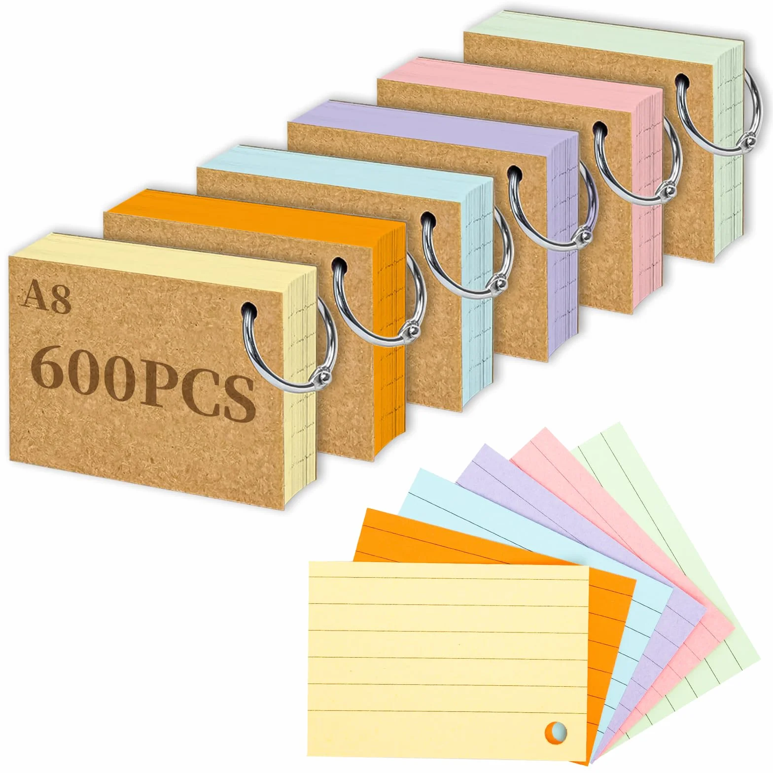 A8 Flashcard 600Pcs Lignées Flashcards avec Anneau Cartes de Vocabulaire pour Apprentissage