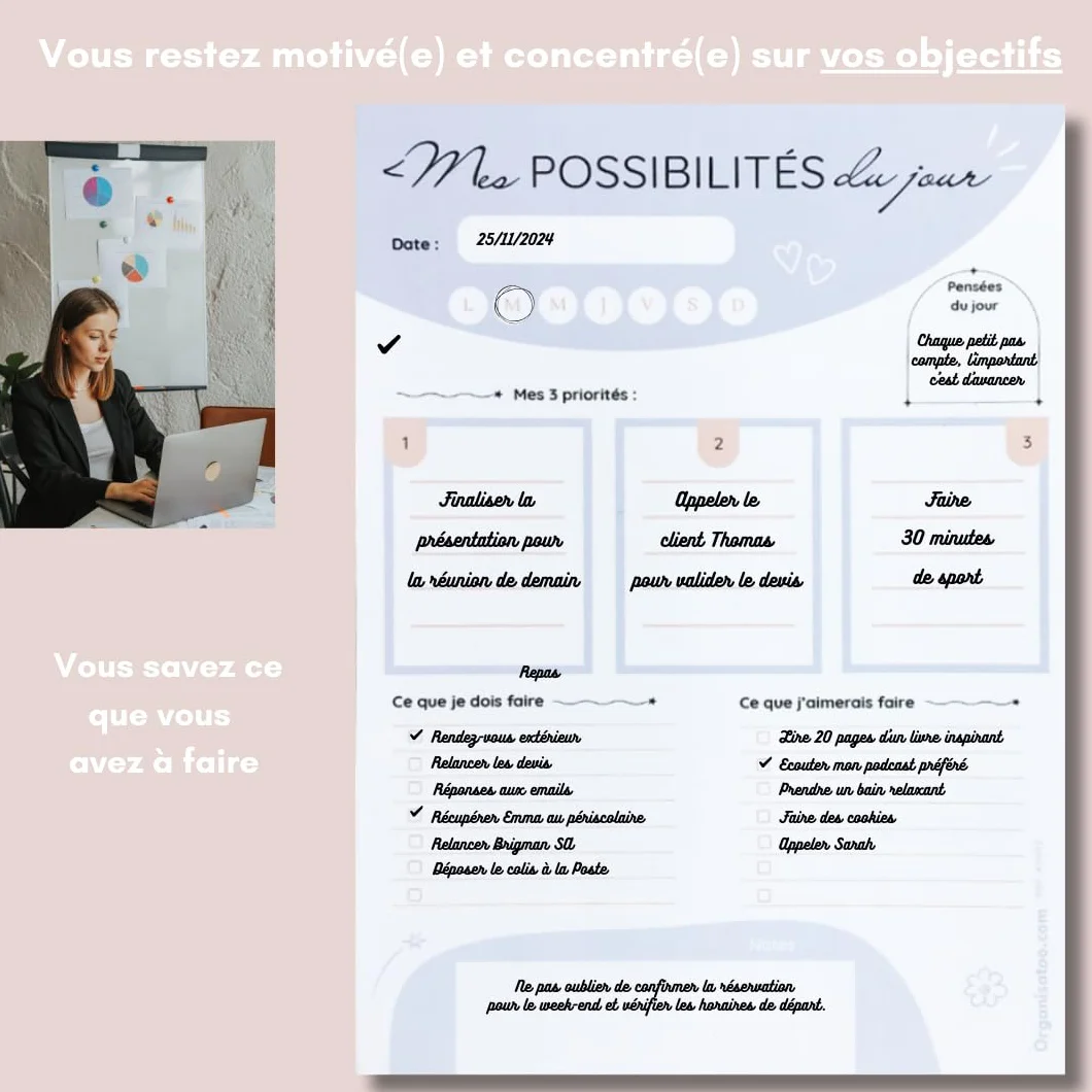 Bloc-notes développement personnel A5 50 pages détachables planning du jour français