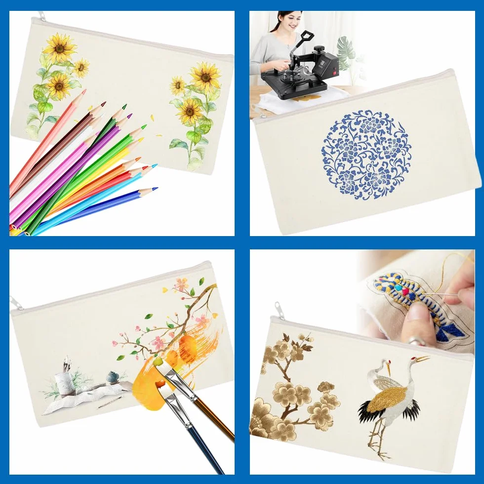 Pochette Tissu Bricolage Peinture 10 Pièces Sac Zippé DIY Vierge Toile Trousse Rangement