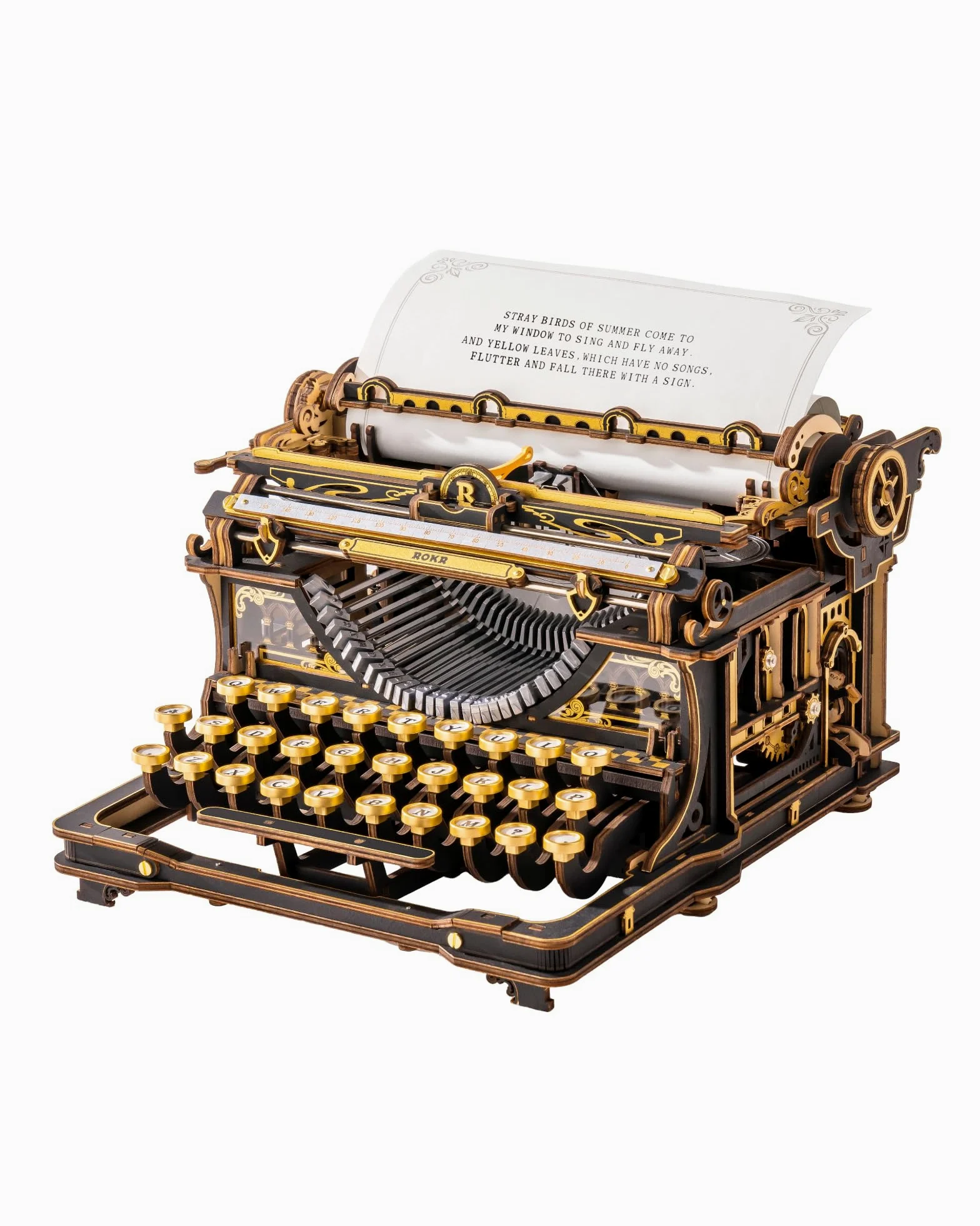 ROKR Machine à écrire 3D Puzzle en Bois pour Adultes - Noir et Or, Kit de Modélisme Mécanique, Maquette Vintage pour Bureau, Cadeau DIY pour Constructeurs Patients (Noir)