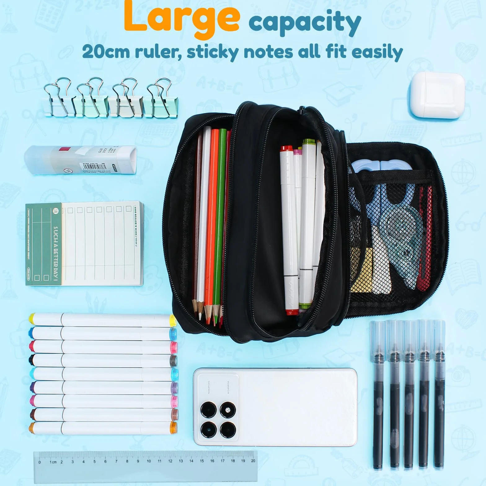 Euqvunn Trousse Crayons Grande Capacité 3 Compartiments Sac de Papeterie Organisateur Fourniture Scolaire Bureau