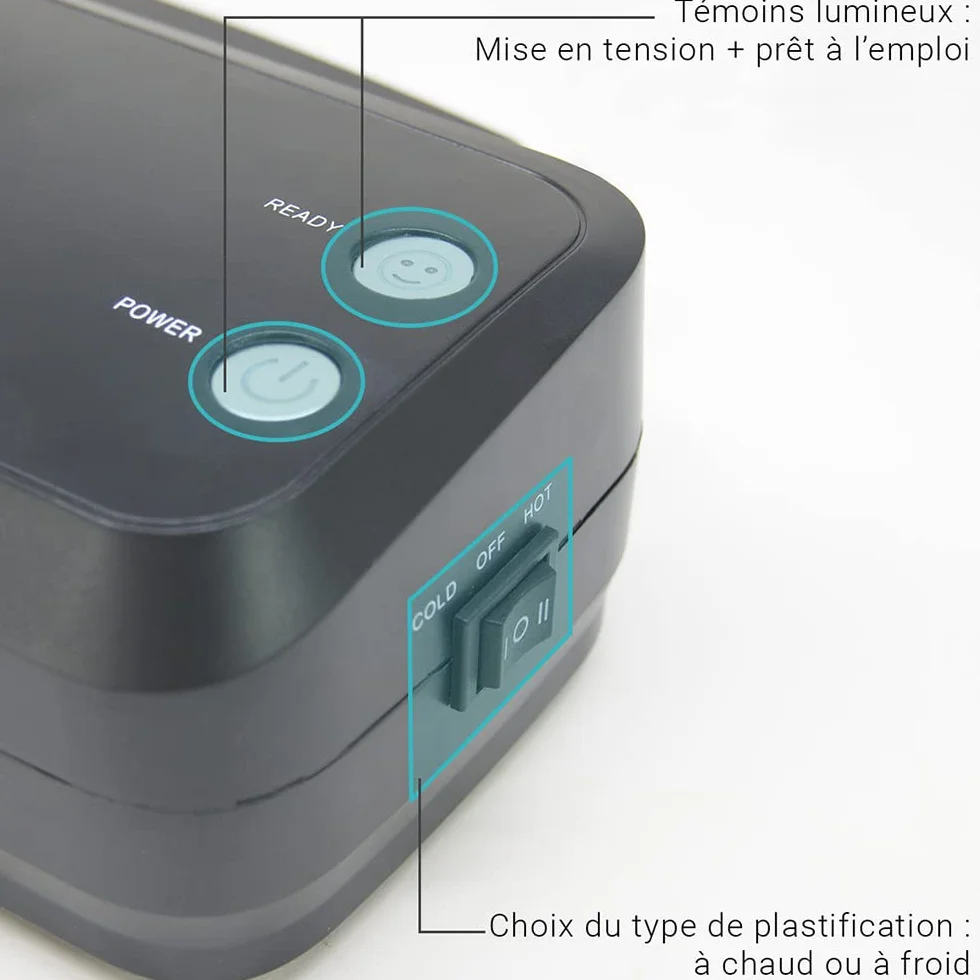 Plastifieuse A4 250 microns chauffe rapide vitesse 25 cm/min compatible pochettes A4/A5/A6 cartes levier anti-bourrage