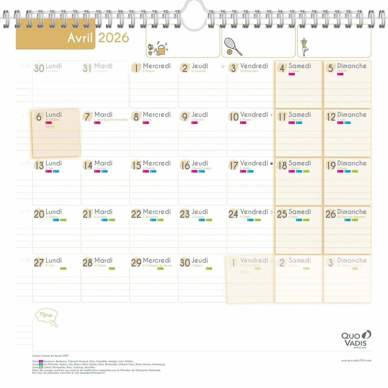 Quo Vadis Calendrier Mural Mensuel Family Planner 16 mois 30x30 cm