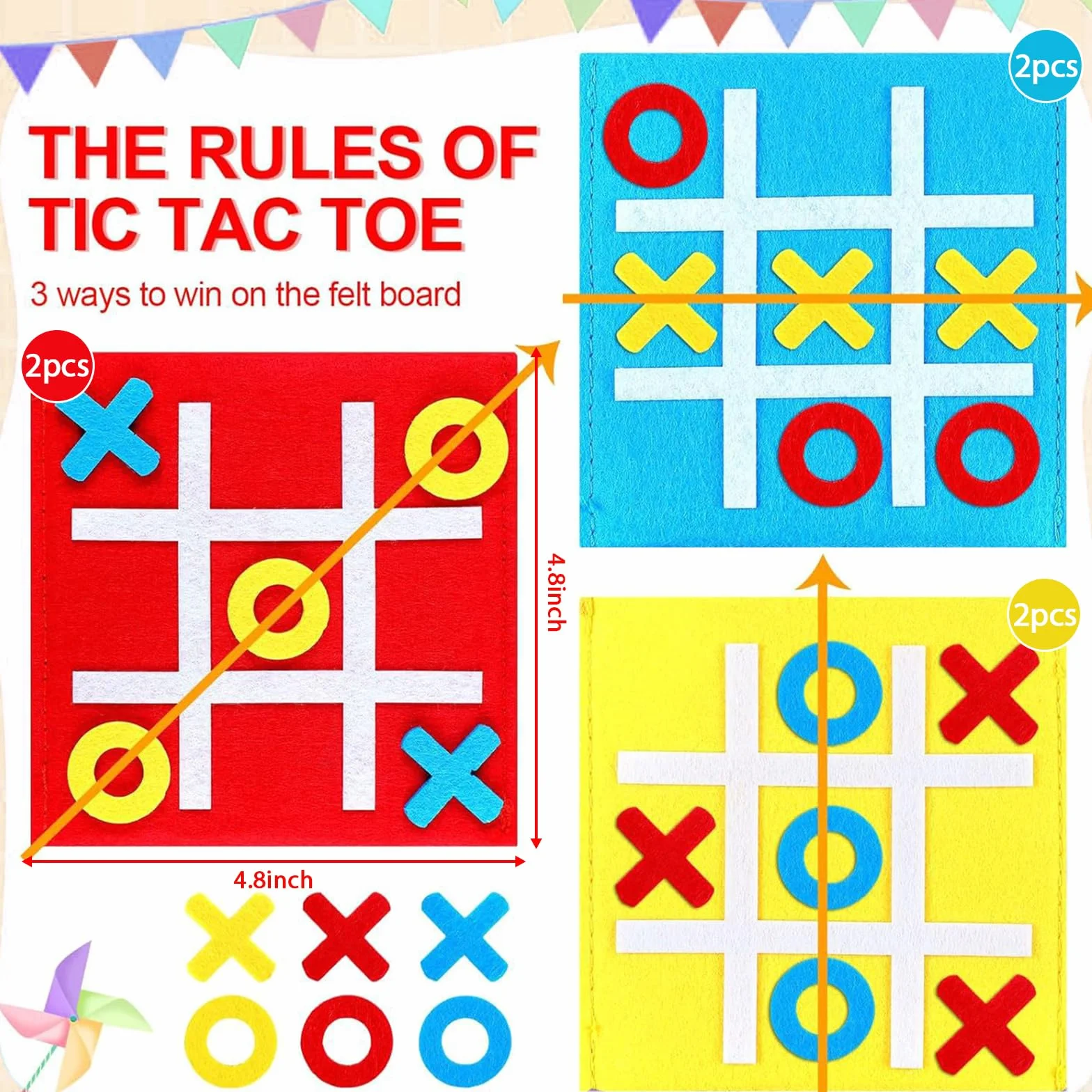Jeu de Morpion en Feutrine 12x12 cm, Mini Jeux de Société Tic Tac Toe Voyage, Cadeaux Anniversaire Classe (Rouge, Jaune, Bleu)