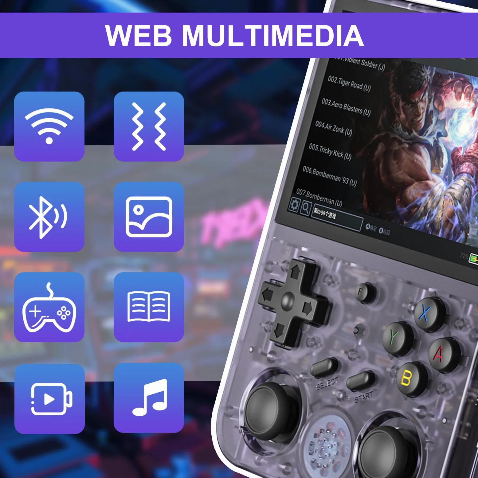 ANBERNIC RG353V Console de Jeu Portable 2.4G/5G WiFi 4.2 Bluetooth 64G SD Card, Batterie Haute capacité 3200 mAh, Violet Transparent