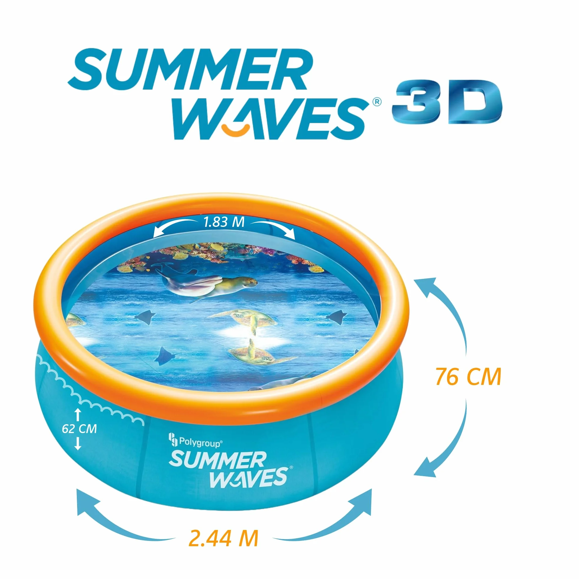 Summer Waves Piscine Familiale Gonflable Ronde 3D, 2,44 M x 76 CM, Comprend 2 Lunettes de Natation, 2302 L, Orange, PVC, Enfant