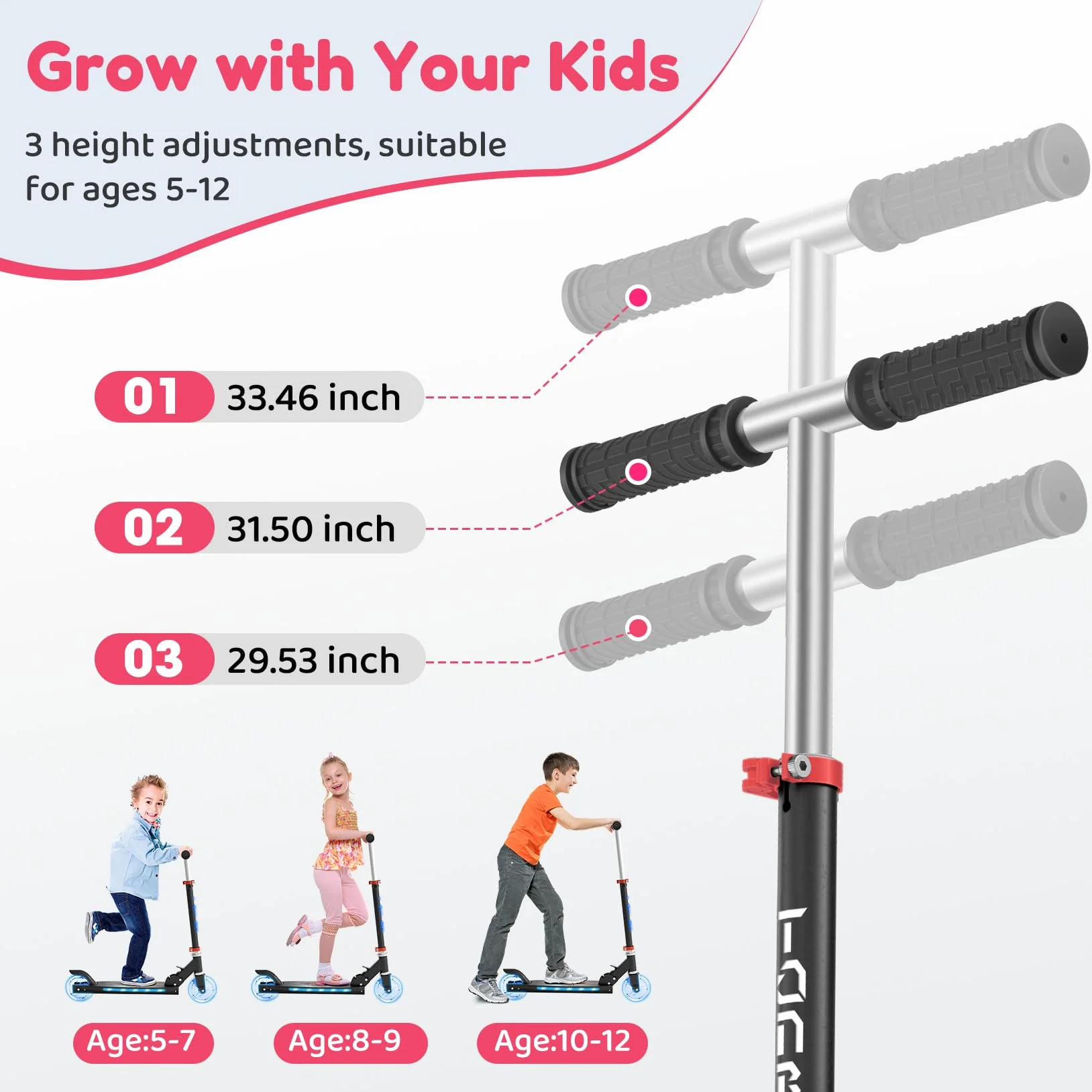 TONBUX Trottinette Enfants Hauteur Réglable 4 Niveaux Pliable Légère 5-12 Ans