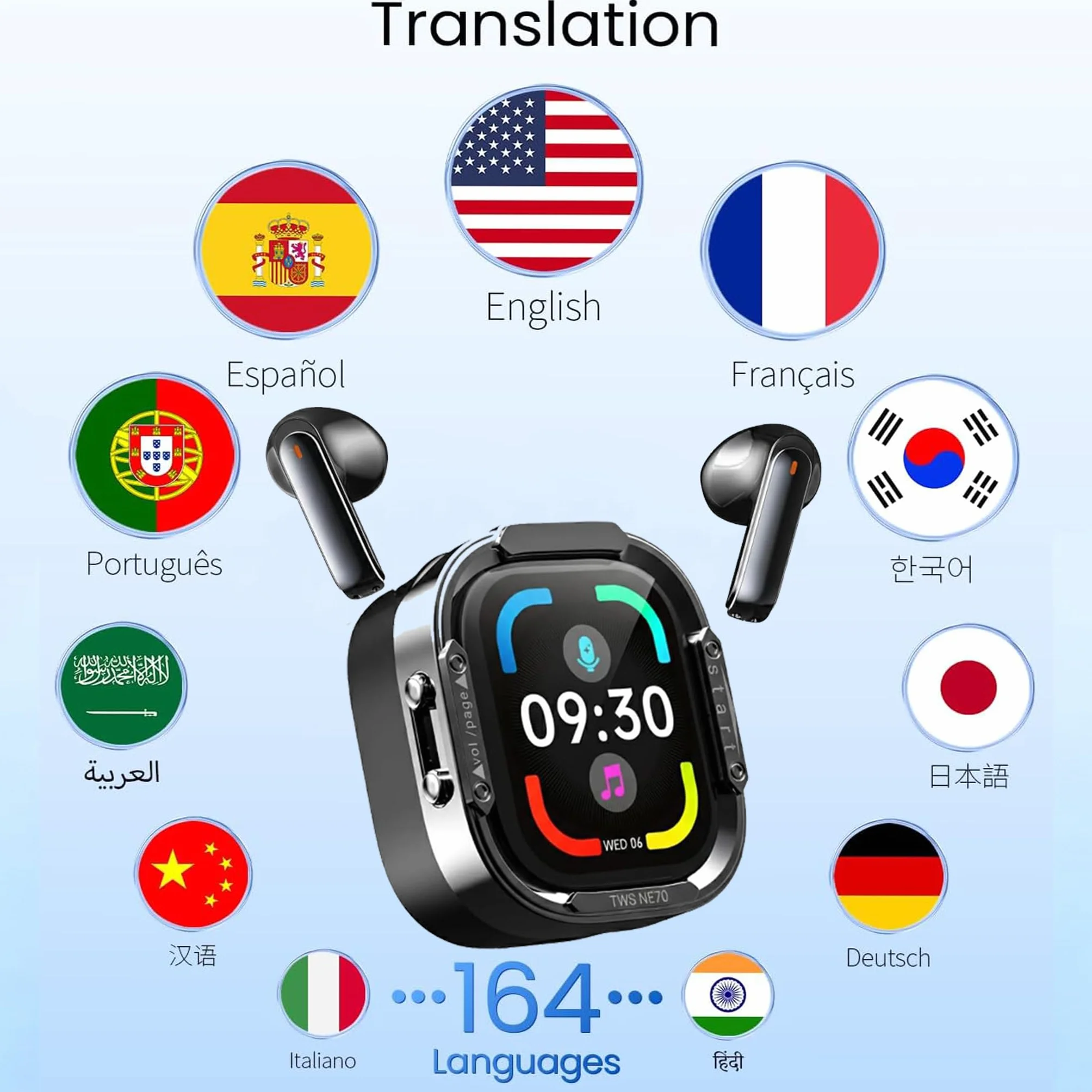 Ecouteur Traducteur Instantané 165 Langues Bluetooth 6.0 Écran Tactile 7 Modes Autonomie 60 h Noir