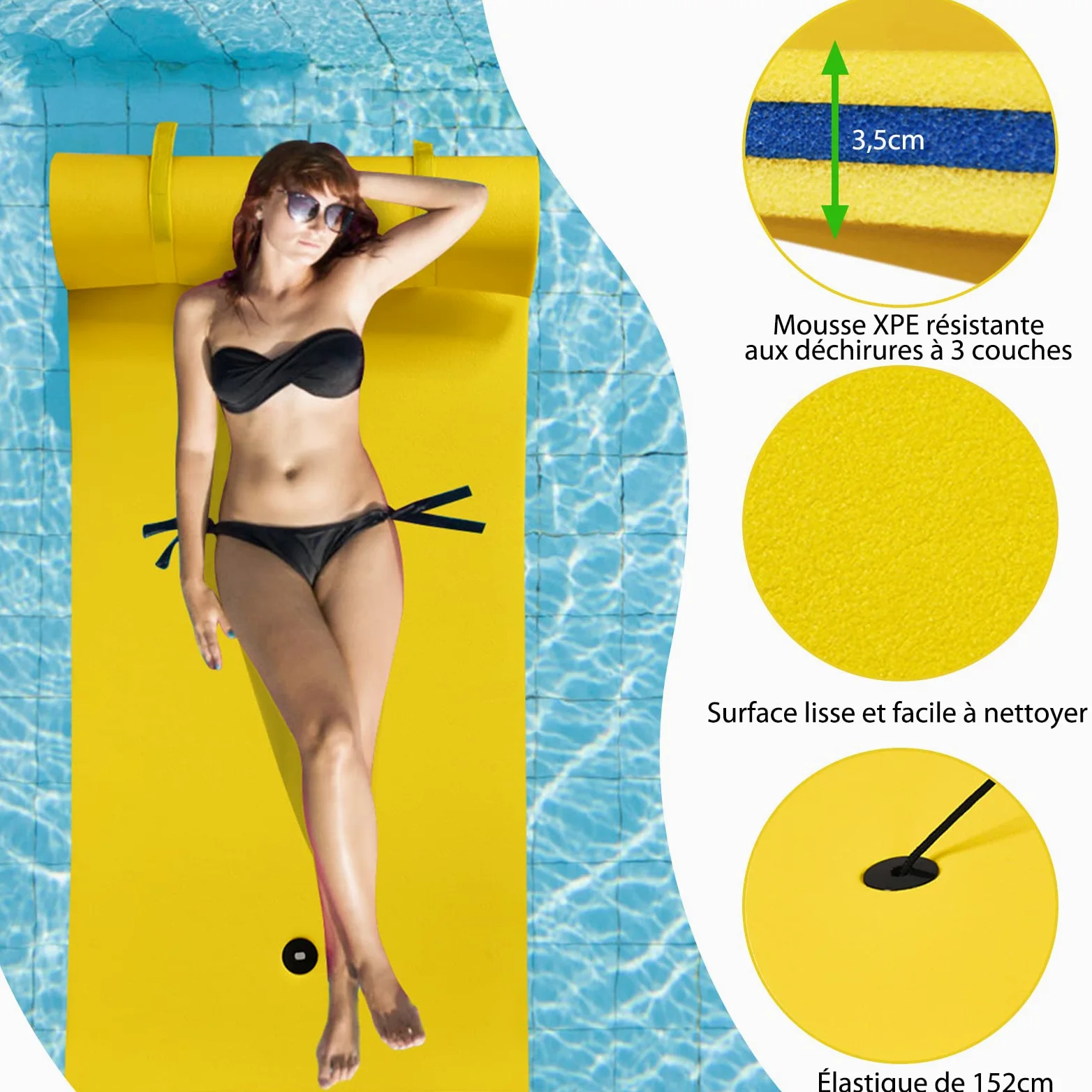 RELAX4LIFE Tapis Flottant Piscine en Mousse XPE 216x66cm pour Piscine Plage Lac, Hamac Flottant Piscine avec Oreiller Roulé pour Sports Nautiques, Bronzage d’Eté, Charge 60kg(Jaune)