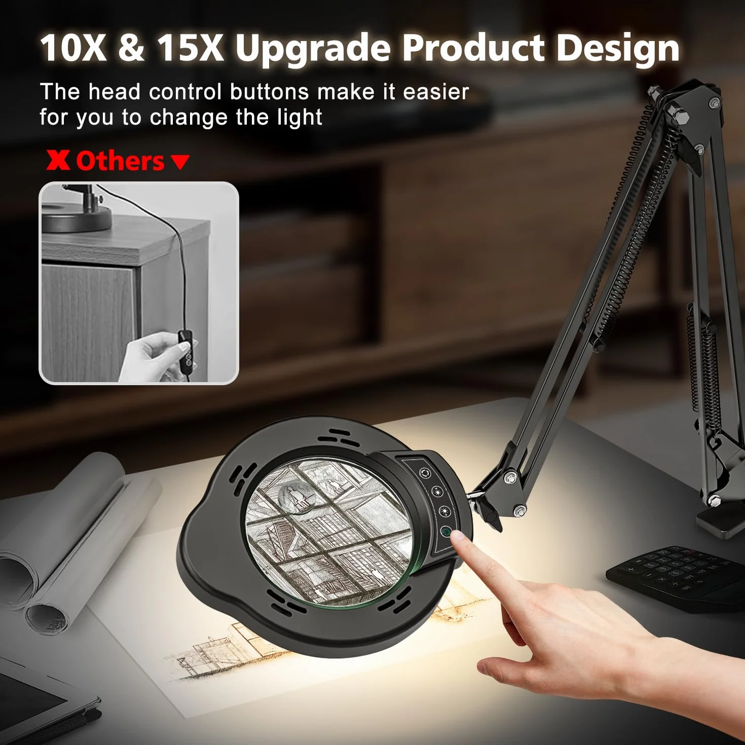 Lampe de Bureau Loupe 15X 10X LED avec Pince et Bras Pivotant, 5 Modes de Couleurs Réglables