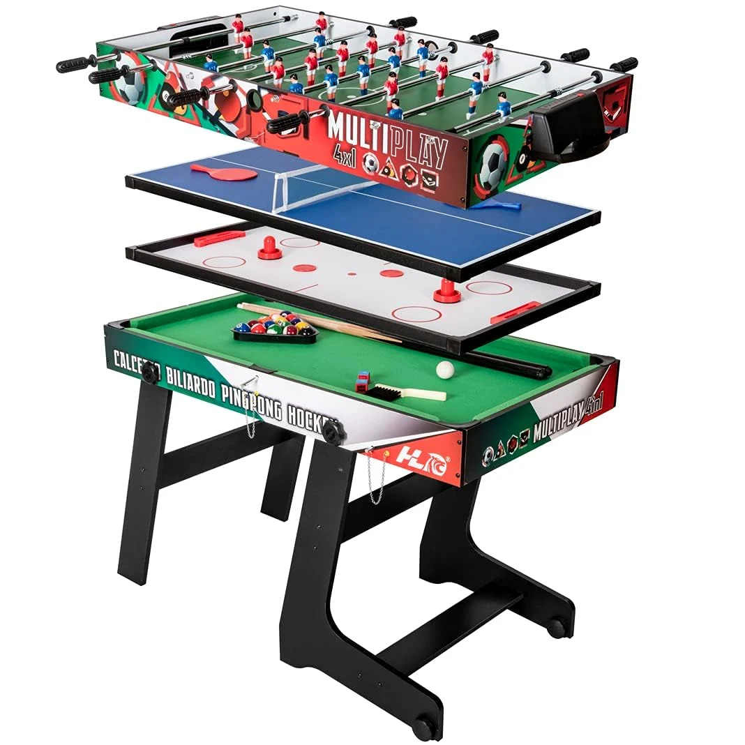 HLC Table Multijeux 4 en 1, Barre Rétractable Baby Foot Pliable, Multifonction Sport Babyfoot/Billard/Tennis de Table/Hockey, Convient Aux Adultes Et Aux Enfants Plaisir Familial.