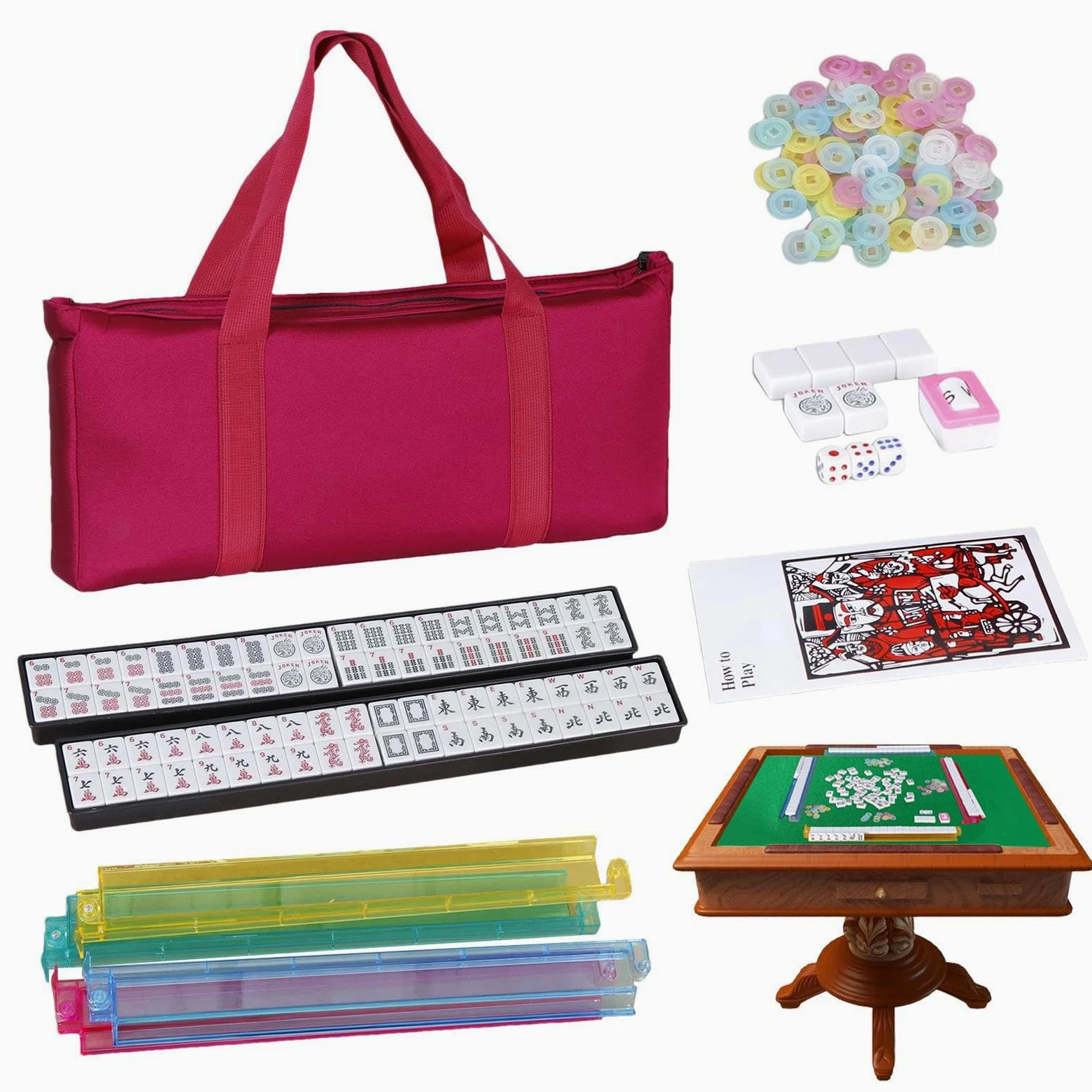 Générique Jeu Complet De Mahjong - 166 Tuiles avec Sac De Transport Portable | Accessoires Complets Dés Et Règles Portable pour Apprentissage Maison Adultes Débutants Et Seniors