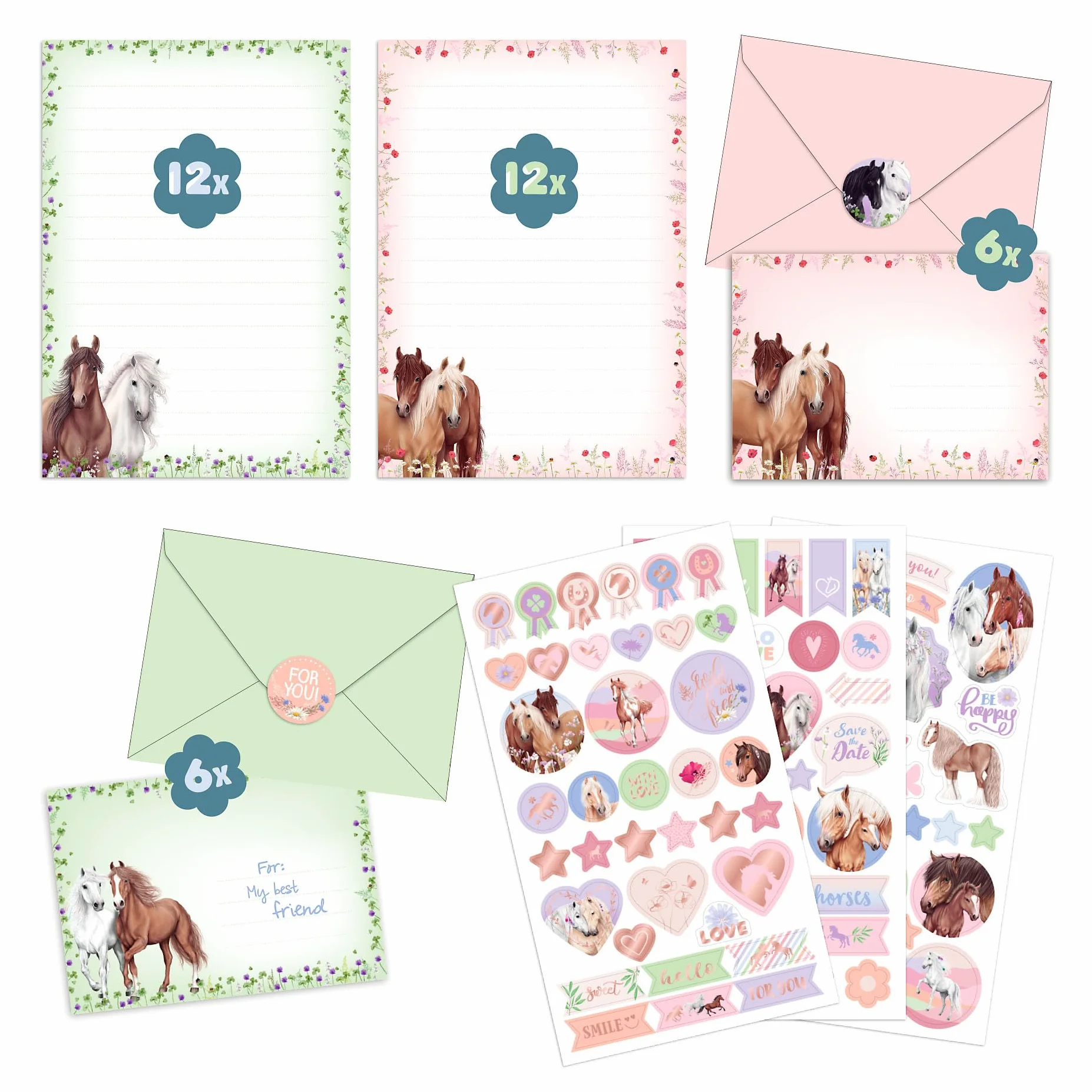 Depesche Miss Melody Set Papier à Lettres Chevaux Fleurs Pochette