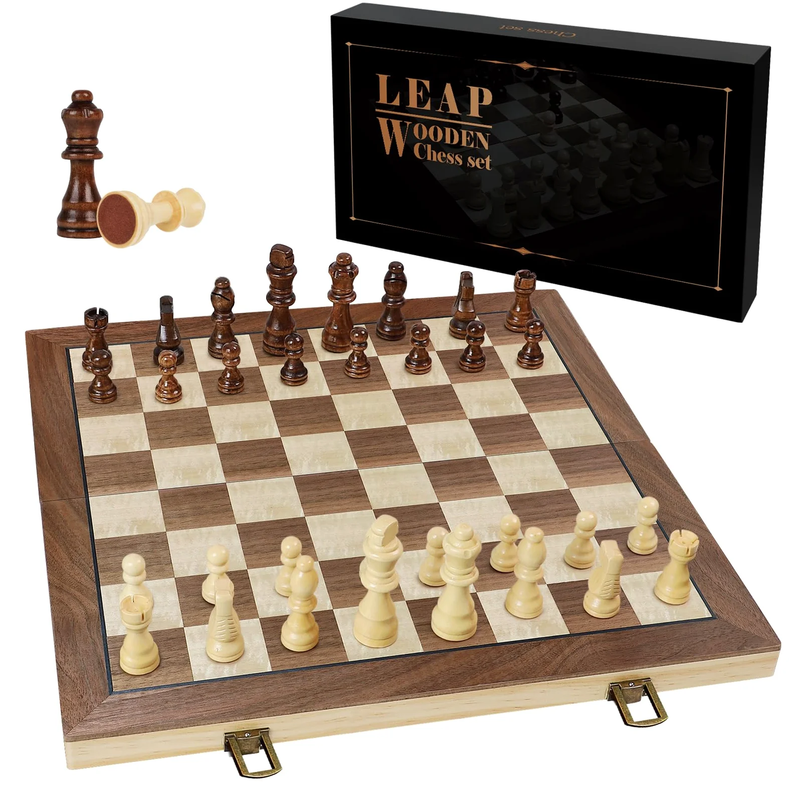 LEAP Jeu d'échecs magnétique en bois pliable de 39 cm - 7,62 cm - King Size - Jeu d'échecs de voyage avec 2 pièces supplémentaires et emplacements de rangement pour adultes