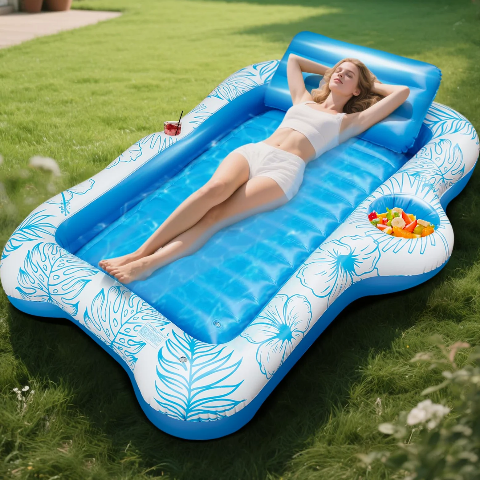 Matelas Gonflable Piscine Adulte, 180x120cm Tanning Pool Piscine de Bronzage avec Double Porte-Gobelets et Tête-Intégrée, Pour Bain de Soleil, Plage, Jardin, Fête, Été, Matelas de Bronzage Confortable