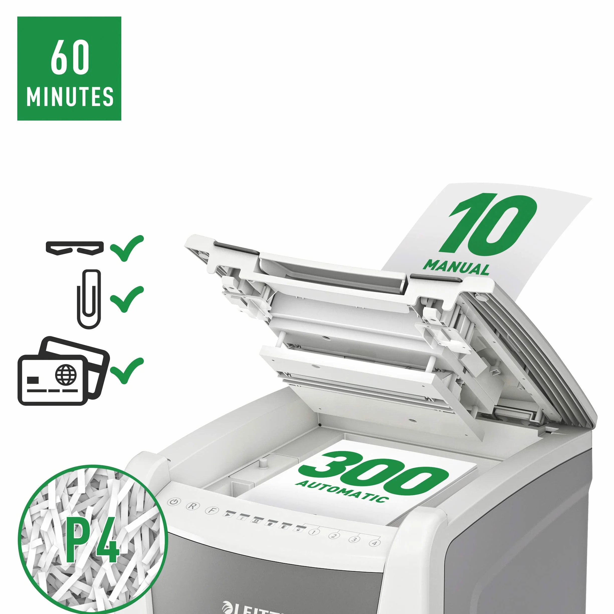 Leitz IQ 80150000 Destructeur de Documents Coupe Croisée Sécurité P4 Automatique 300 Feuilles 60 Litres Blanc
