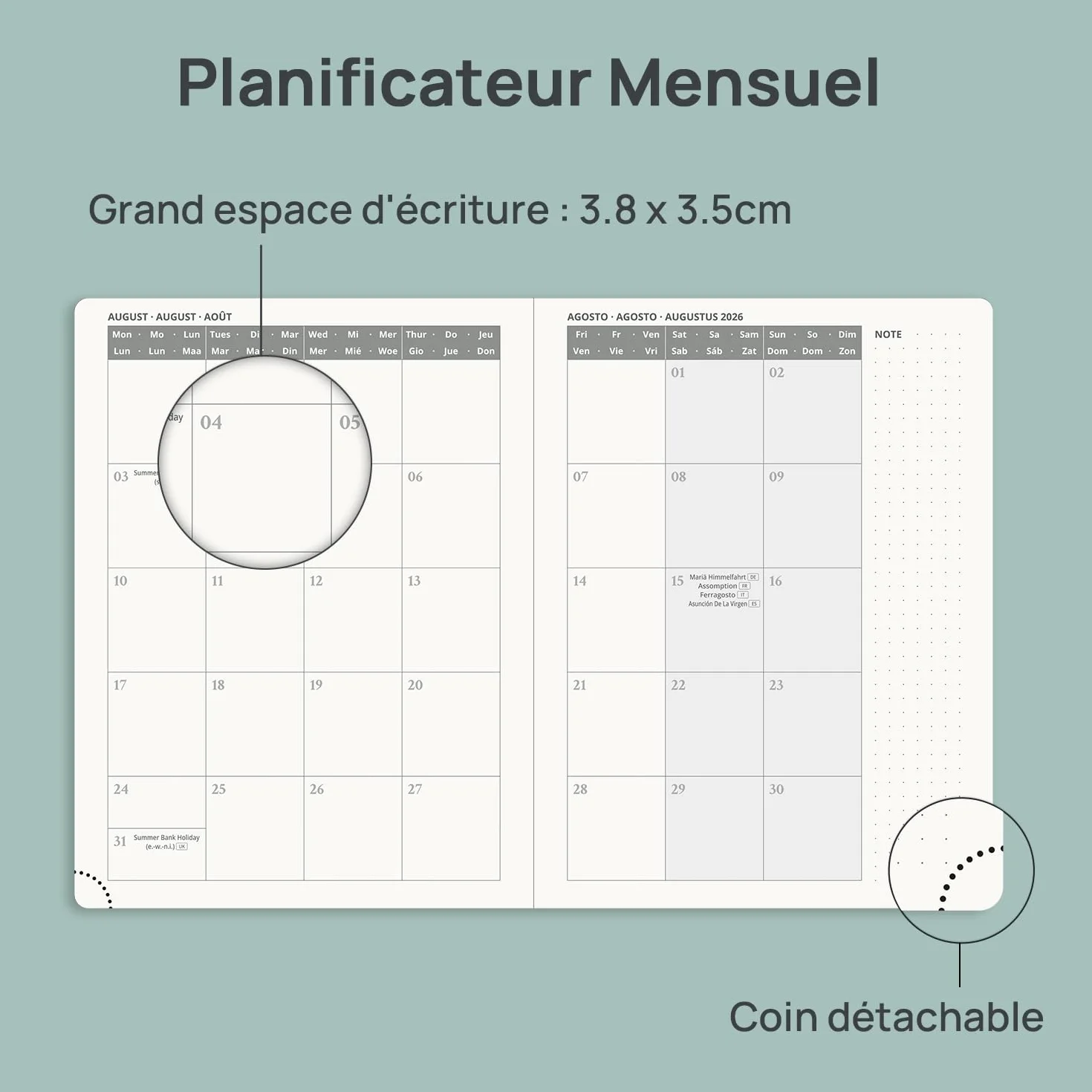 POPRUN Agenda 2026 2027 Semainier Vertical 22 x 16,5cm 17 Mois Planner Scolaire Couverture Souple PU Cuir Vert-Gris