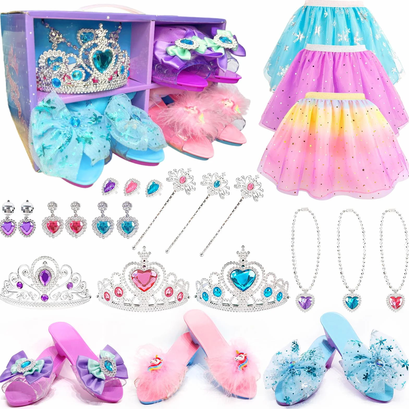 STAY GENT Chaussure Princesse Fille 3 Paires Chaussures 3 Couronne 3 Jupes Déguisement Jouet Princesse Accessoires Cadeau 2-6 Ans