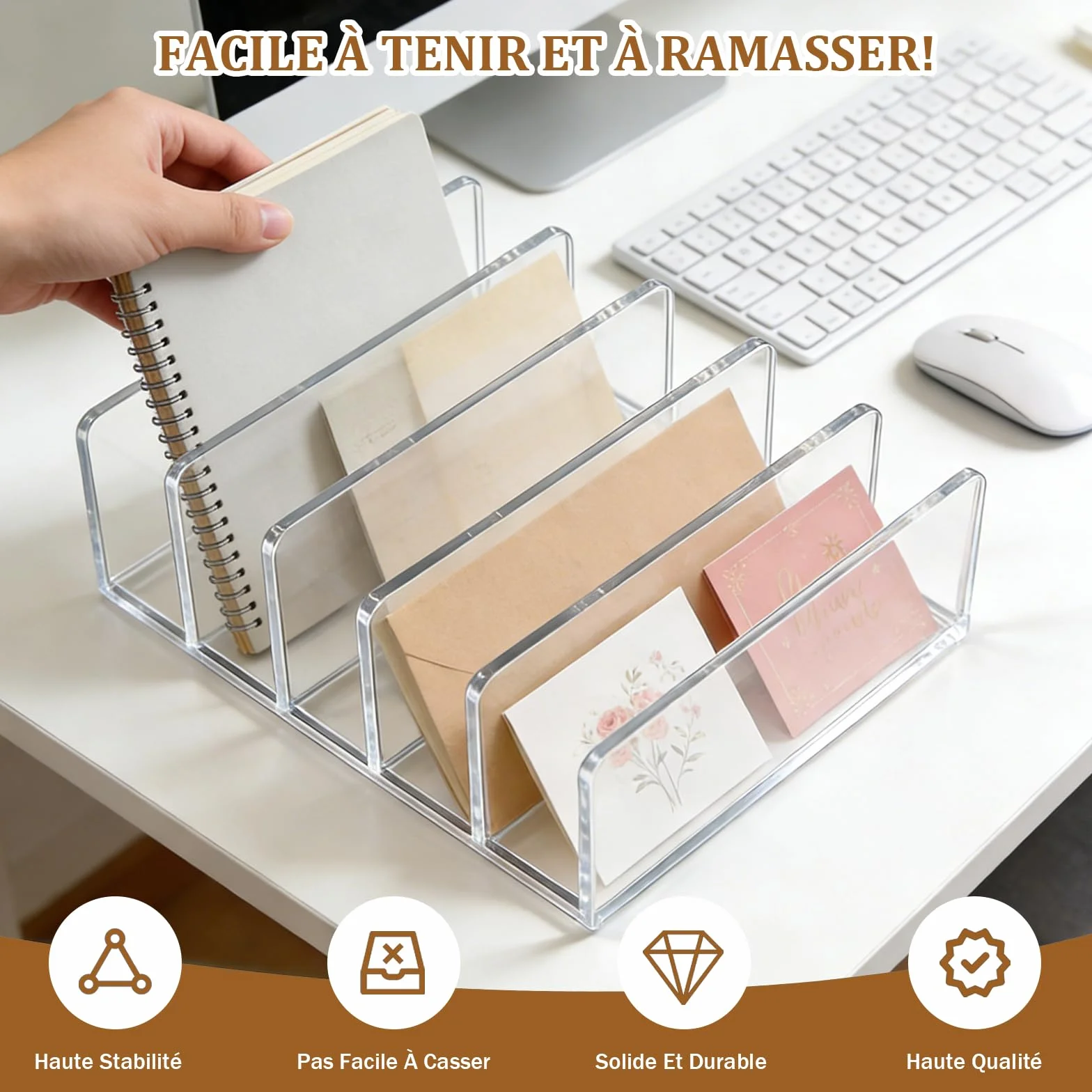 Organisateur de Bureau Acrylique 5 Compartiments Range Document Corbeille à Courrier