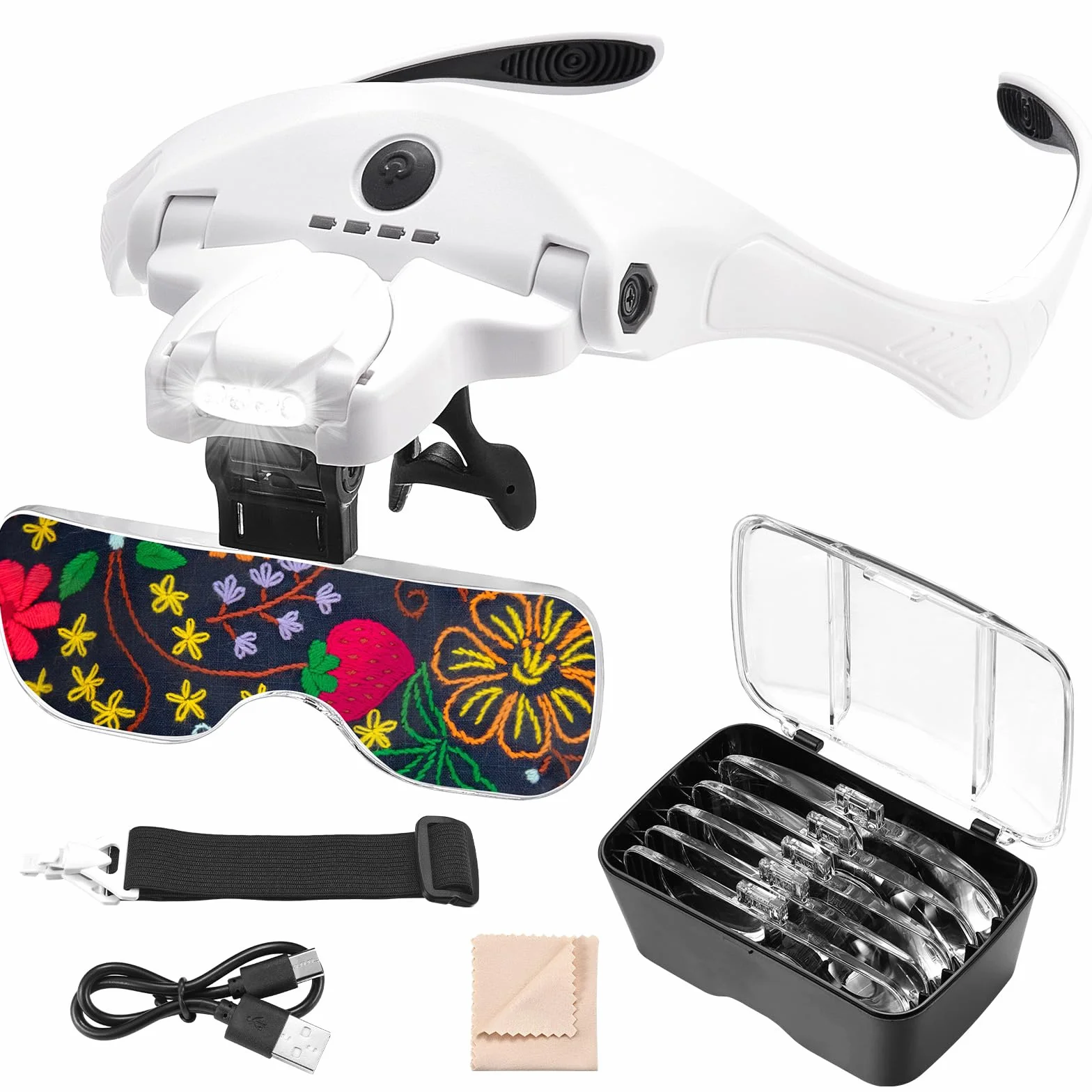 Anpro Lunette Loupe USB Rechargeable LED 4 Lumières Luminosité Réglable 5 Lentilles Détachables 1X-3.5X