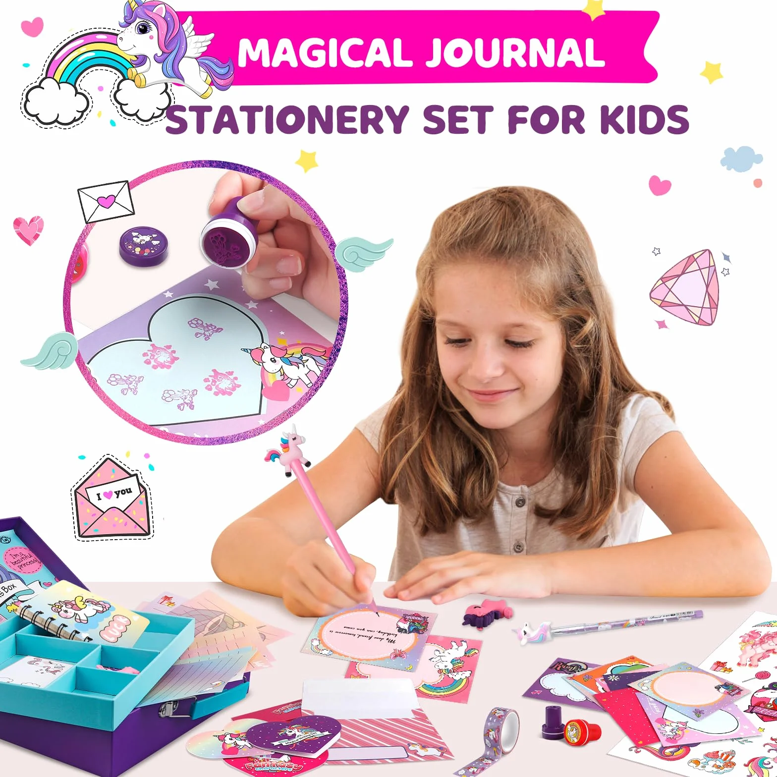 Ensemble de papeterie Unicorn Journal 49 pièces avec étui de rangement pour filles 6-12 ans