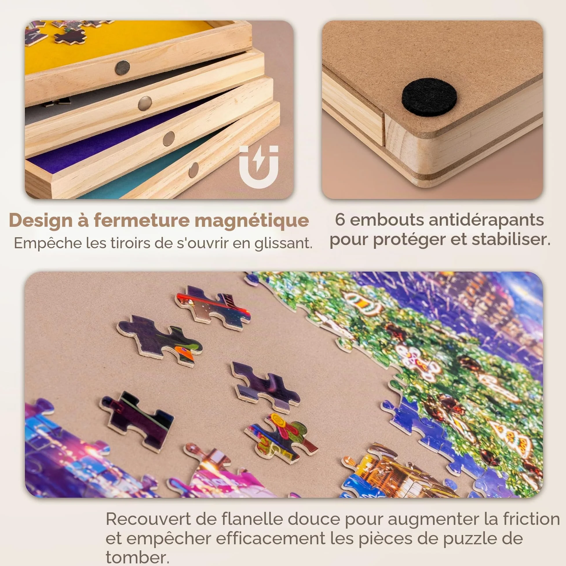 Tektalk Table de Puzzle avec Support réglable intégré Plateau en Bois à 3 Angles d'inclinaison Couvercle Amovible 4 tiroirs de tri jusqu'à 1000 pièces