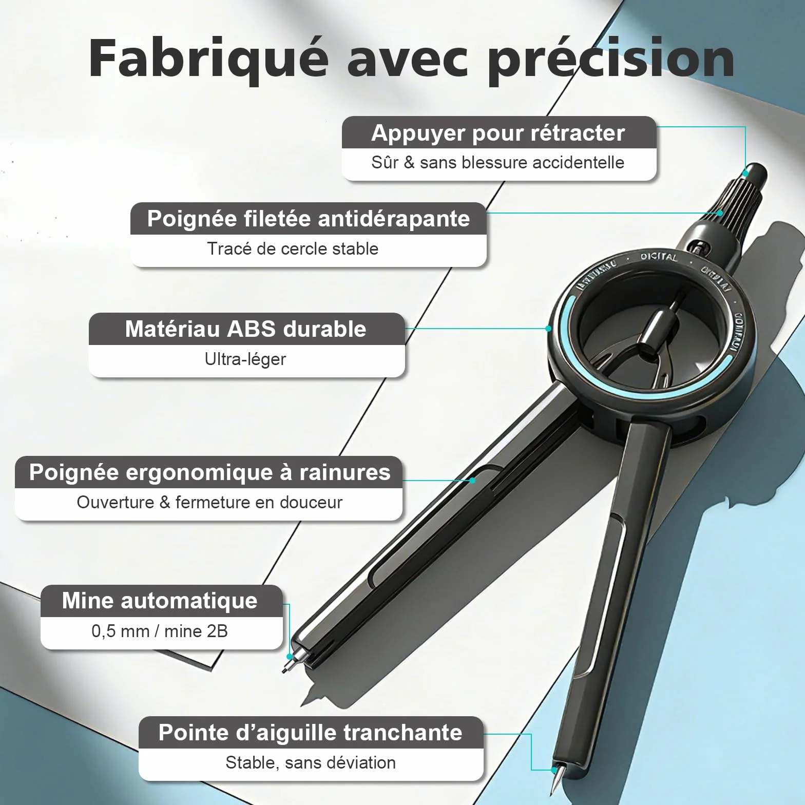 Compas Professionnel ROATEE Rayon Ajustable, Compatible Mine 0,5 mm, Géométrie et Dessin