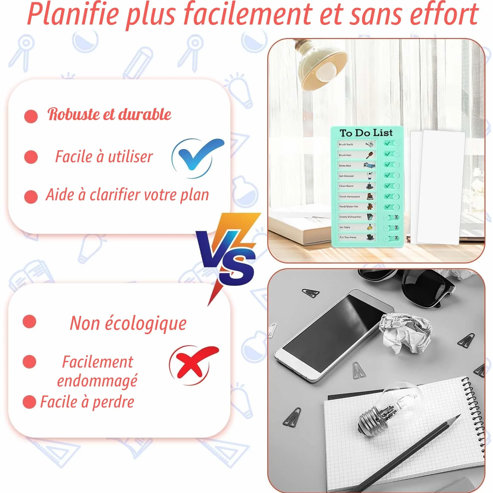 Litimkat Lot de 4 Tableau Memo Checklist avec 10 Papiers Effaçables à Sec
