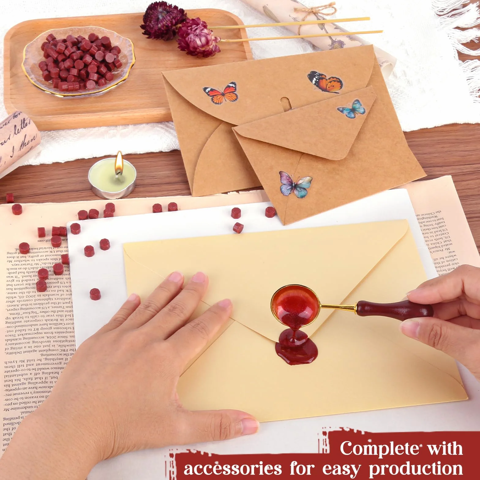 Kit de Sceau de Cire Octogonal Rouge avec 500 Perles de Cire et Cuillère à Fondre