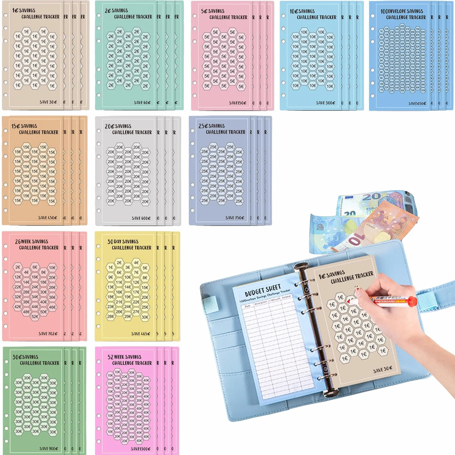 Lot de 100 enveloppes de défi pour économiser de l'argent - Traceur classeurs A6 - 48 pièces suivi défis classeurs 6 anneaux