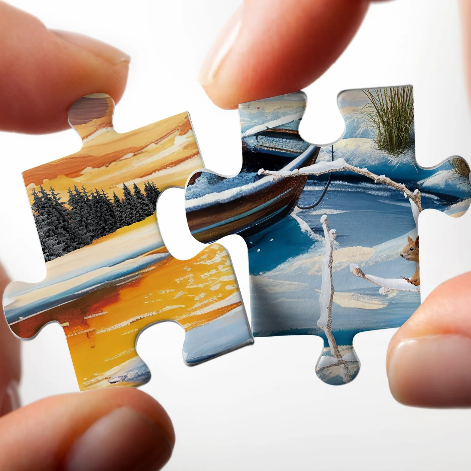 Puzzle paysage naturel d'hiver pour adultes 1000 pièces, joli coucher de soleil sur le lac maison arbre puzzles, puzzle enneigé scénique cabane rivière animal