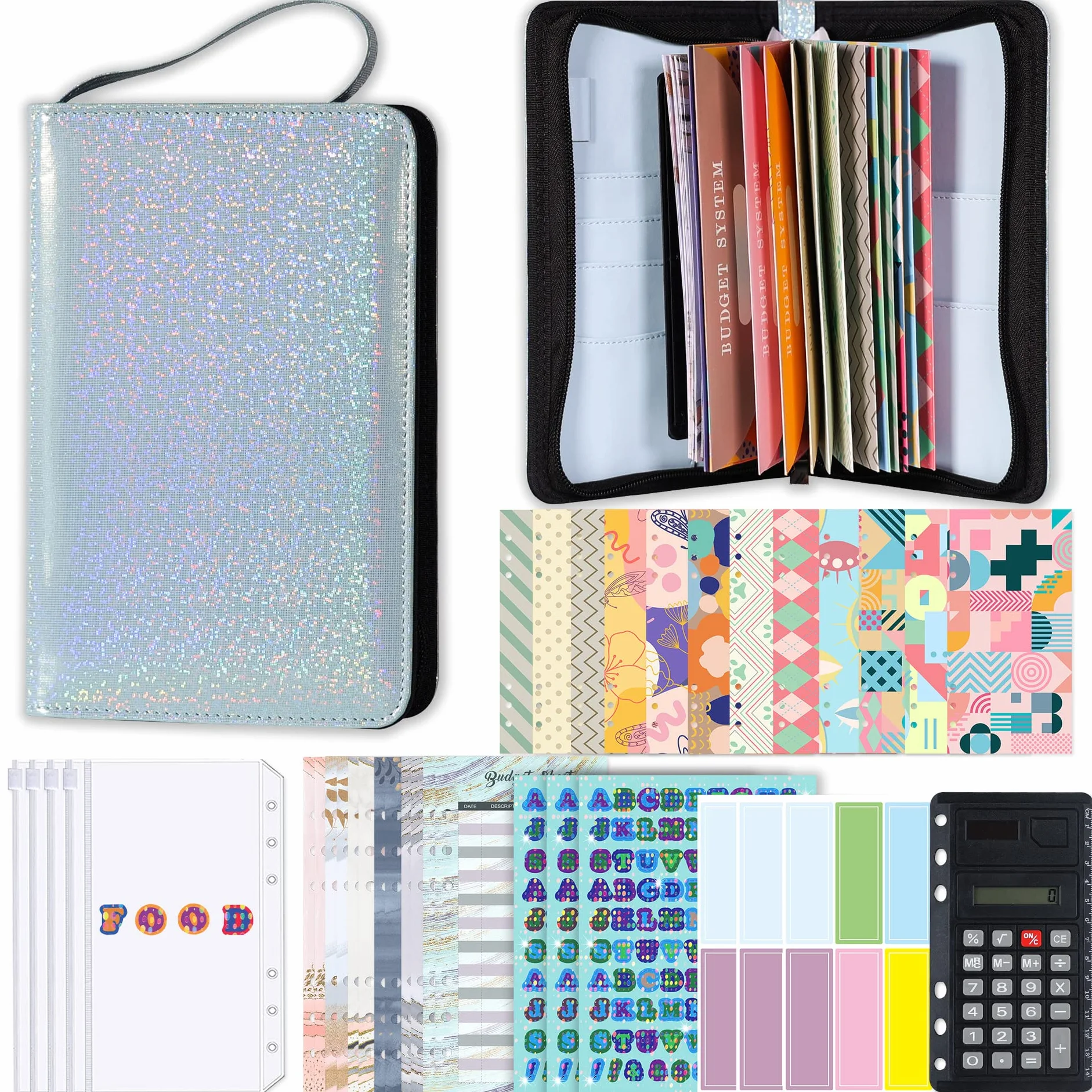 Classeur de budget A6 avec fermeture à glissière, organiseur d'argent, 4 pochettes PVC, enveloppes 12 couleurs, mini-calculatrice (Bleu)
