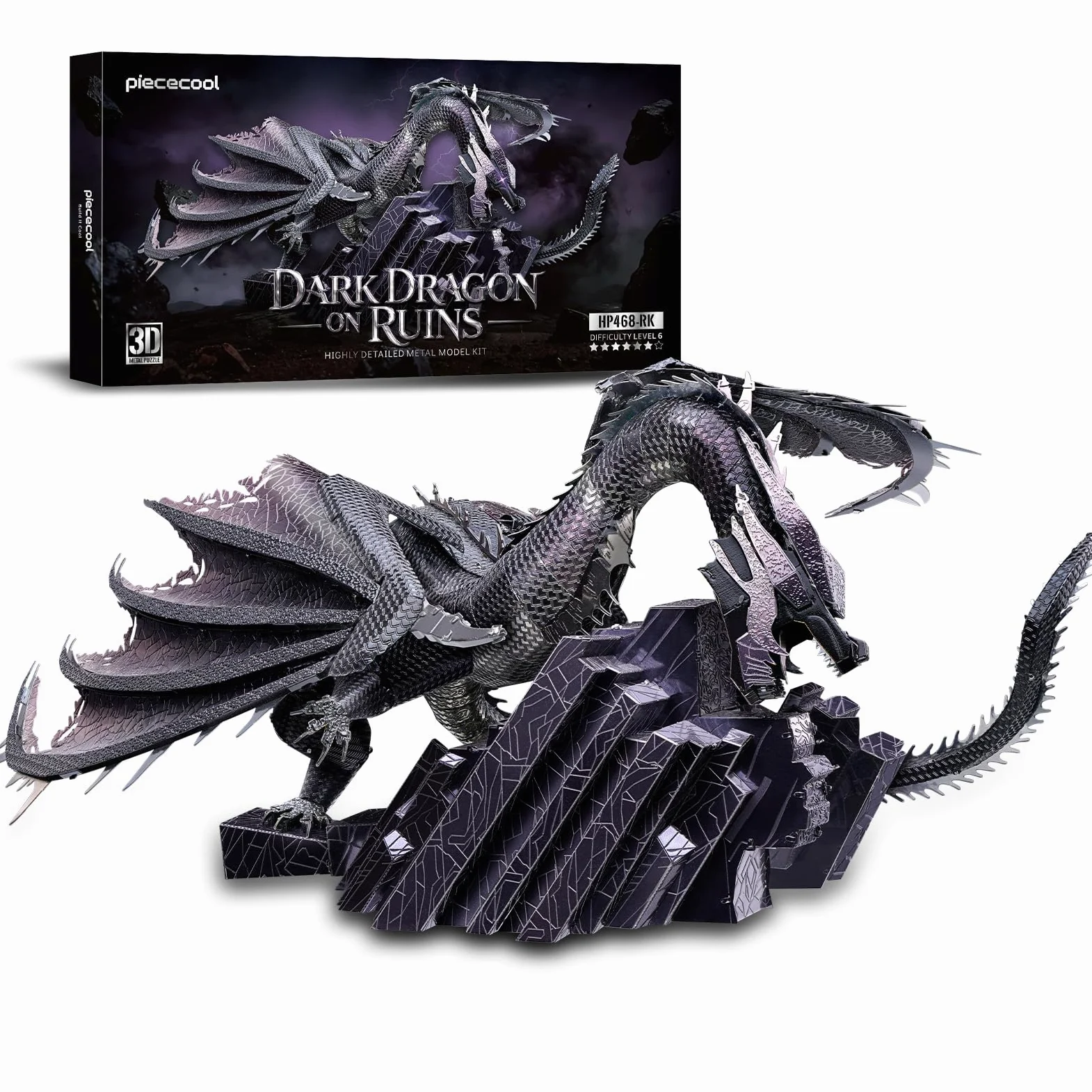Piececool Casse-tête 3D en métal pour adultes, motif dragon foncé sur les ruines, décoration de bureau, excellent cadeau d'anniversaire et de Nouvel An pour hommes et adolescents de 16 ans et plus