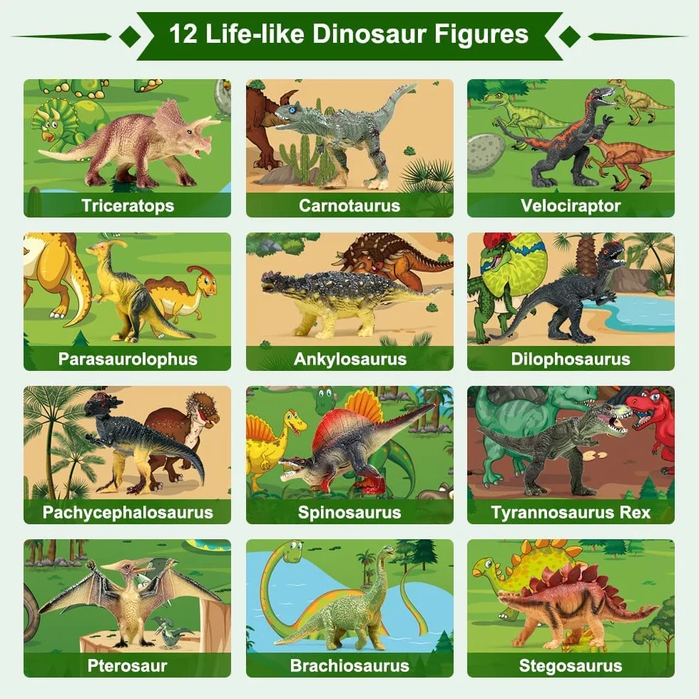 FRUSE Dinosaure Jurassic Jouet 145x98cm Tapis 12 Pièces Figurine Réalistes T-Rex Carnotaurus Boîte Rangement Jouets éducatifs Cadeau Enfants 3-6 Ans