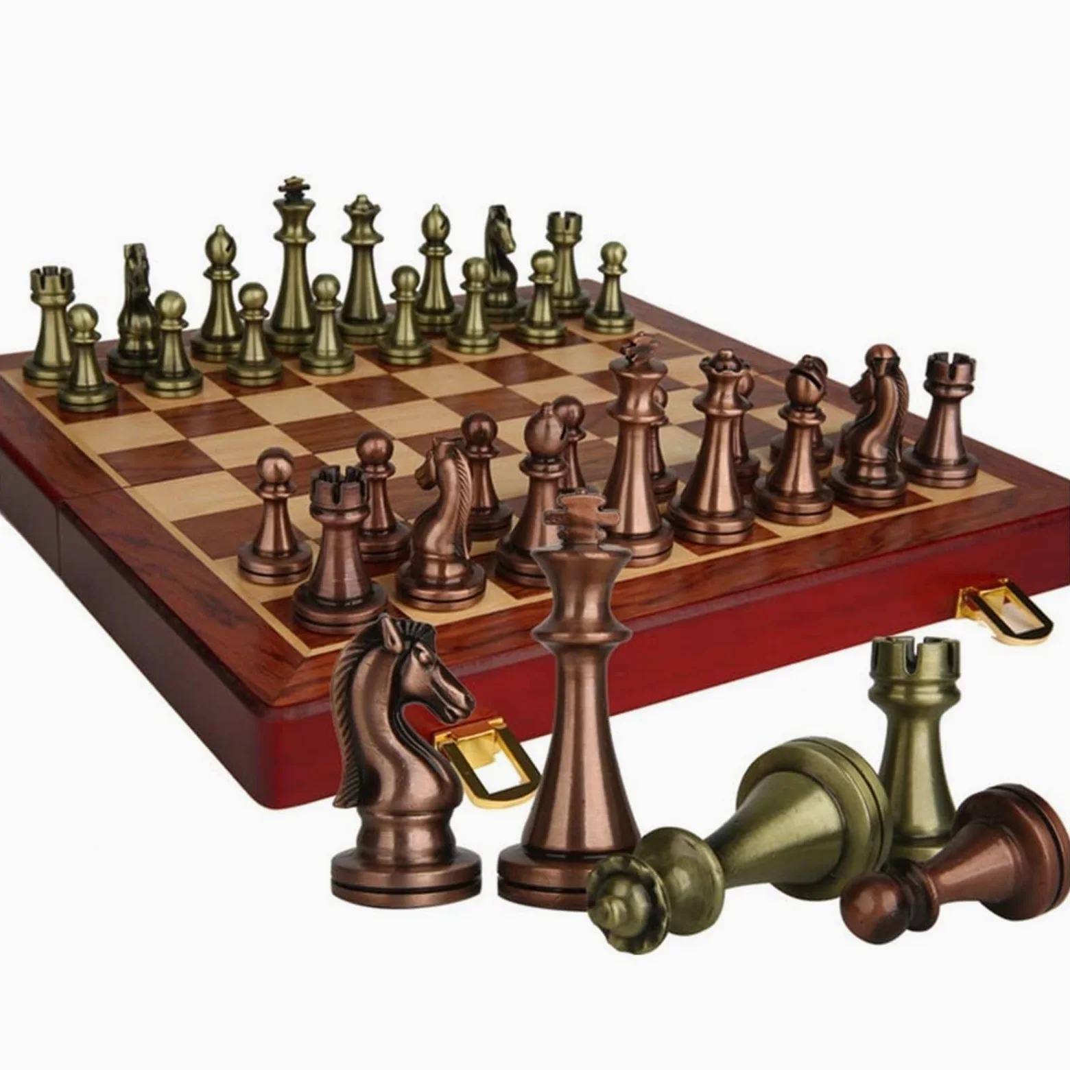 Jeu d'échecs rétro en métal avec échiquier Pliant en Bois échecs | Et des pièces standards classiques faites à la main.