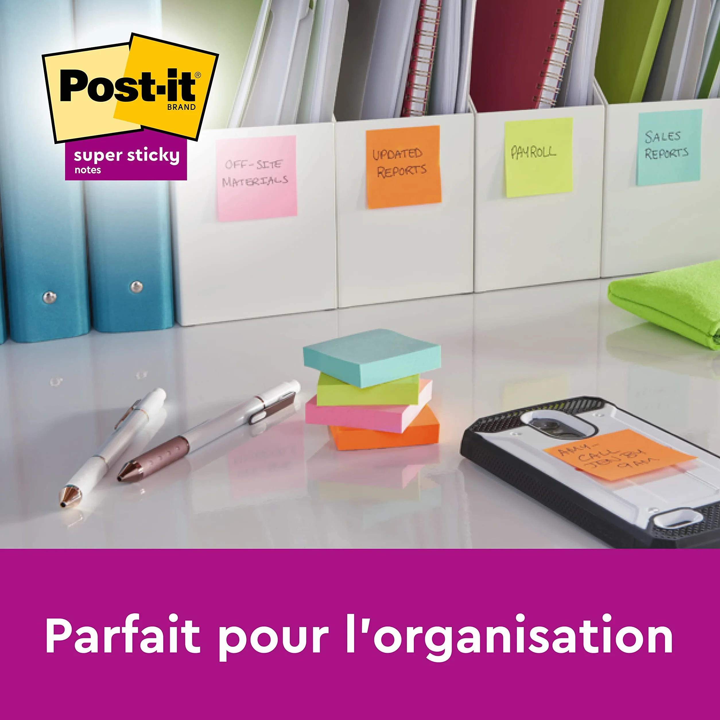 Post-it Z-Notes Autocollantes Super Sticky, 6 Blocs, 90 Feuilles, 76 mm x 76 mm