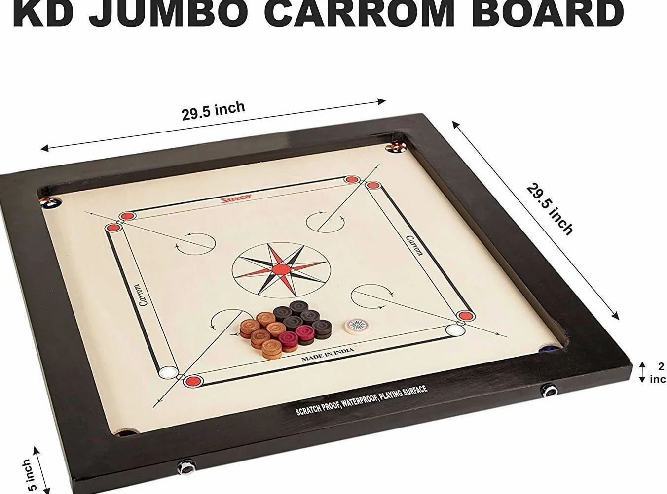 Precise Carrom Jeu de société en bois avec pièce, percuteur et poudre approuvé par la Fédération Carrom d'Inde et la Fédération internationale Carrom (Jumbo, 36 mm)