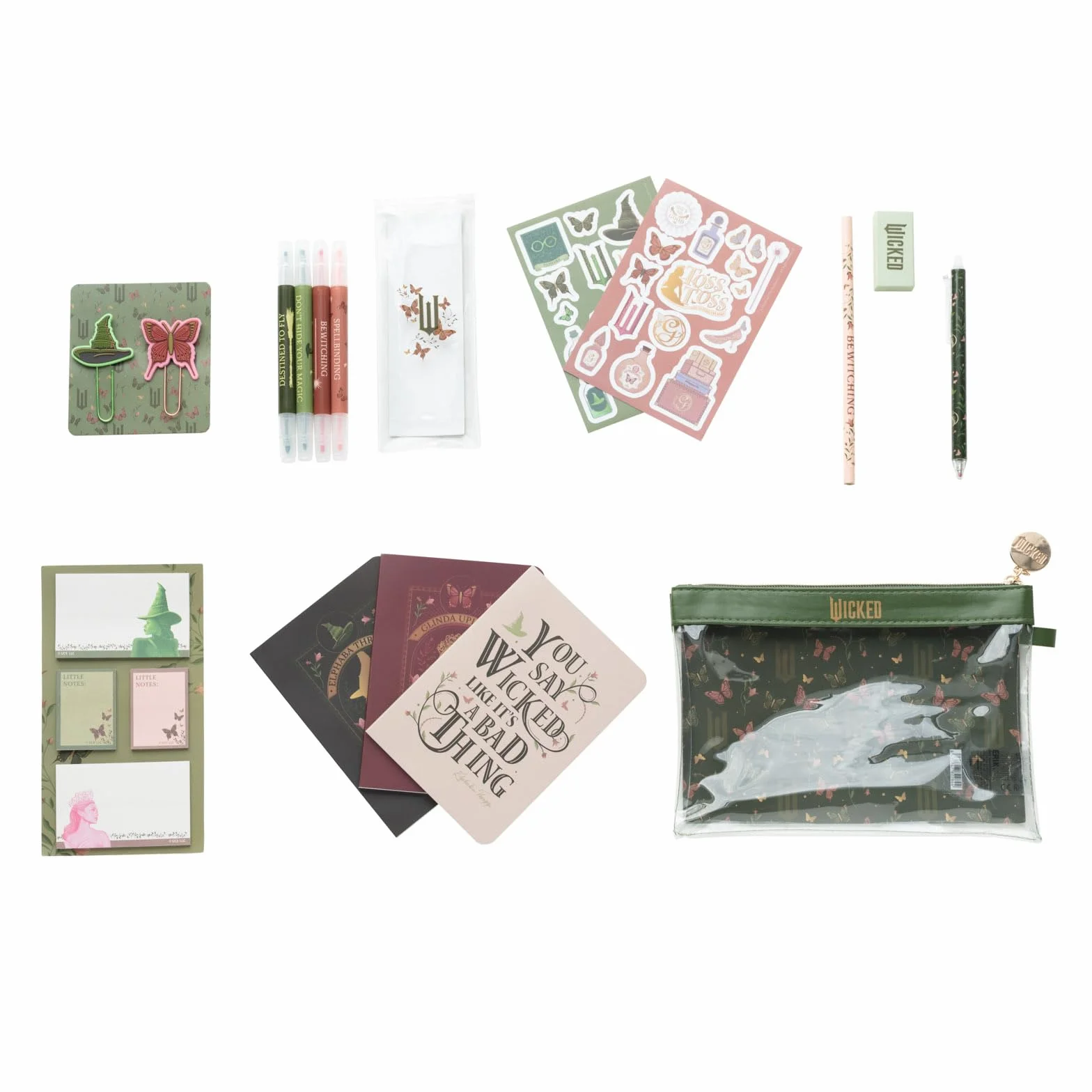 Grupo Erik Set de Papeterie Wicked Kawaii 4 Couleurs Surligneurs Crayon Trombones Carnets A6 Stickers Bloc-notes