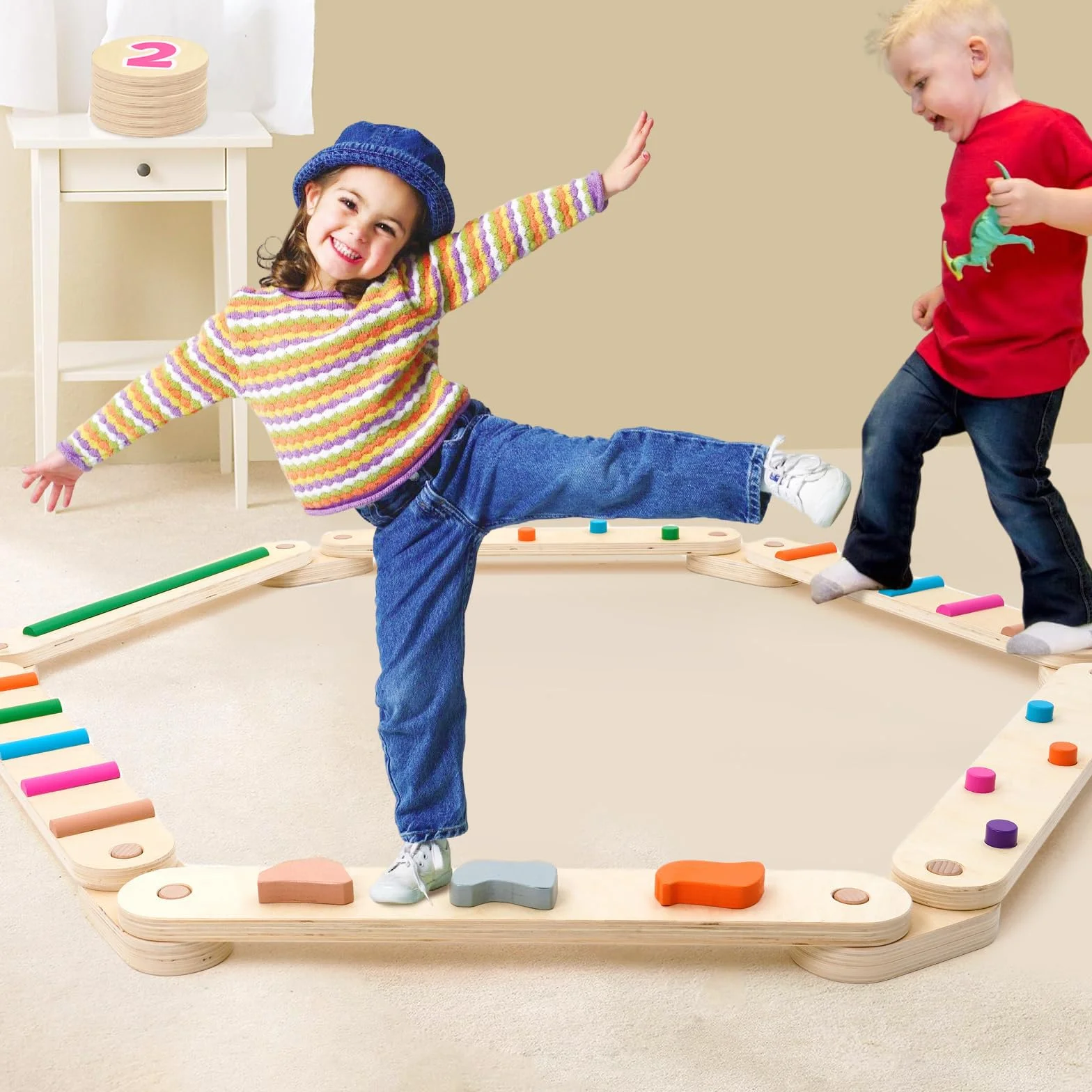 Poutre d'équilibre en bois pour enfants avec 6 pierres d'équilibre, jouets Montessori d'entraînement à l'équilibre