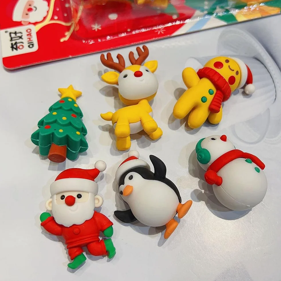 Gukasxi Lot de 6 gommes de Noël fantaisie en forme de dessin animé, ensemble de gommes en caoutchouc mignonnes en forme de puzzle