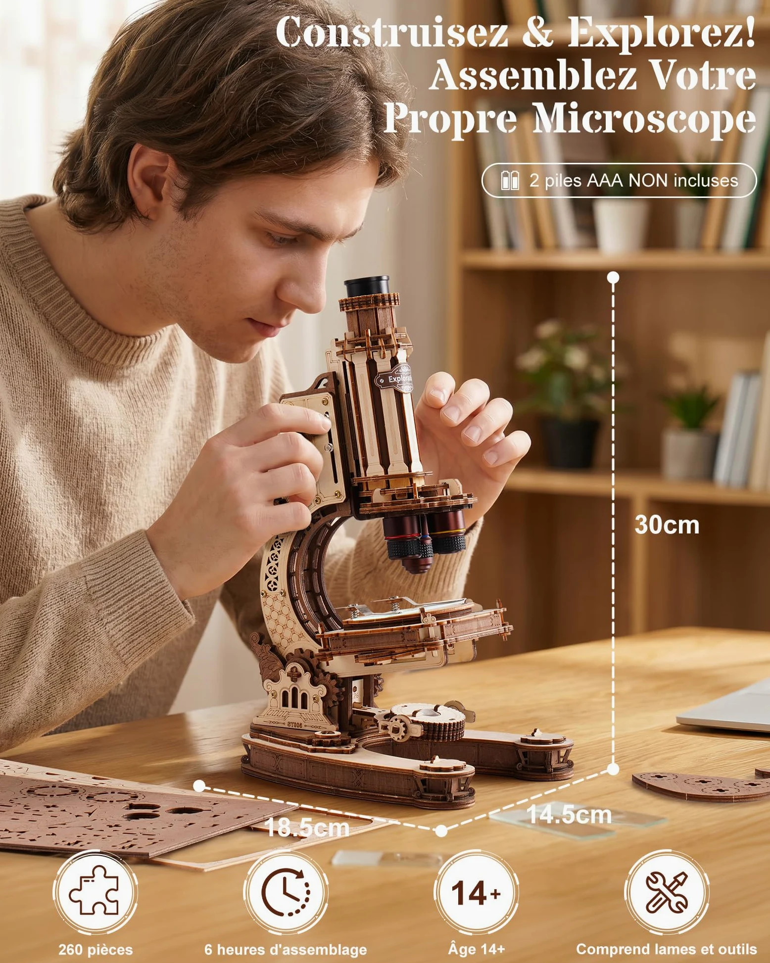 ROKR Puzzle en Bois 3D Microscope Fonctionnel ST005, kit modèle mécanique | Grossissement de 400x éclairage LED réglable Cadeau STEM
