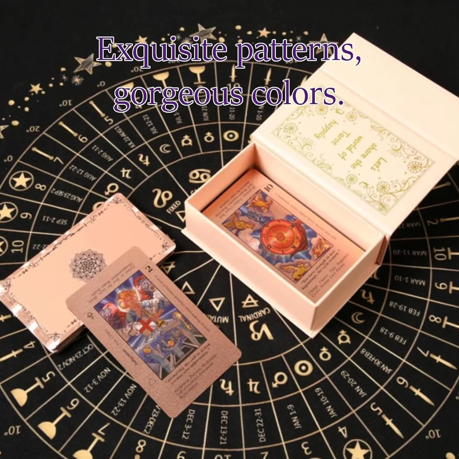 Lot de 2 cartes de tarot or rose avec guide (français non garanti), cartes de tarot en or rose, imperméable et infroissable, comprend les chakras, les planètes, les signes du zodiaque, les éléments et