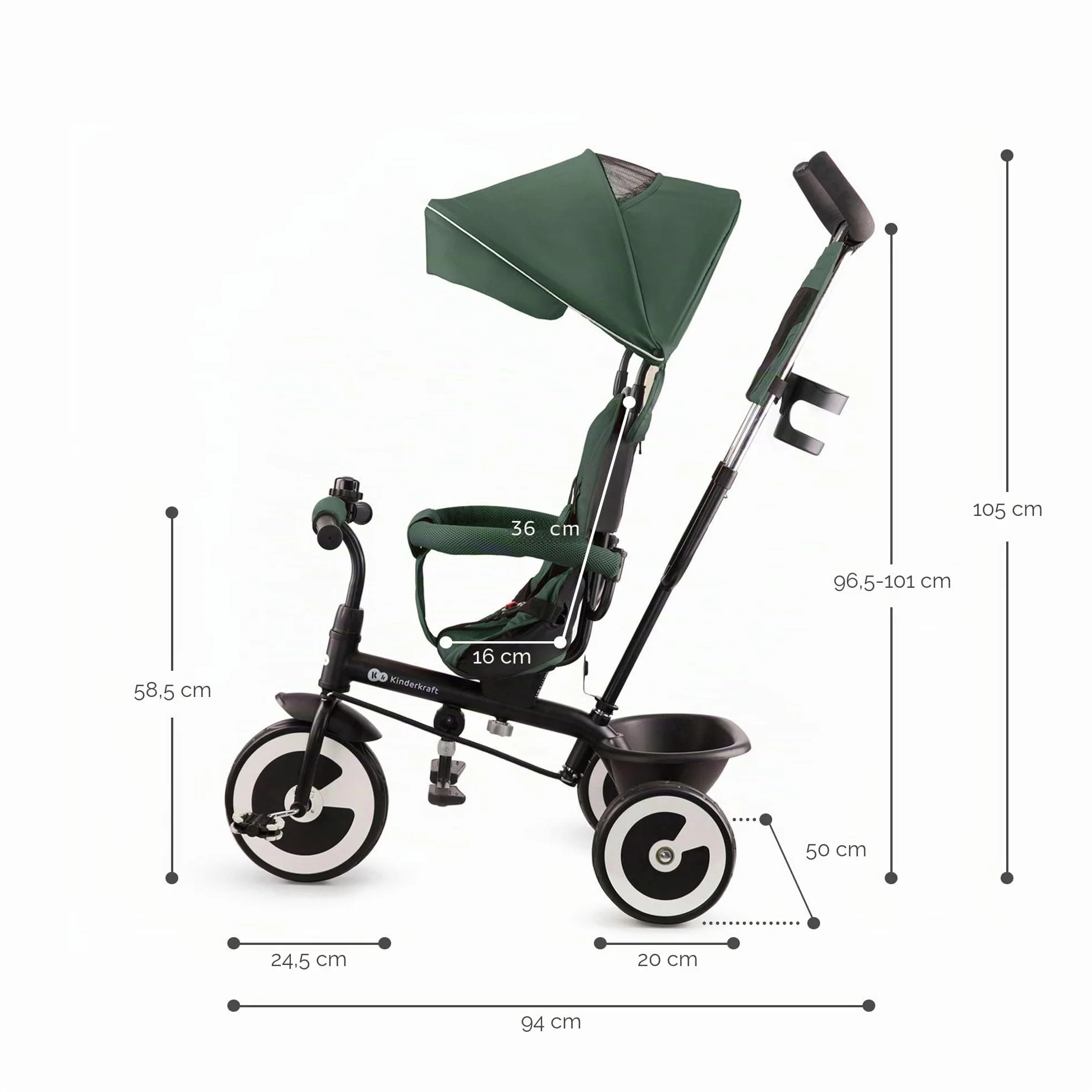 Kinderkraft Aston Tricycle Évolutif Bébé, Draisienne, Trike, Velo Poussette, Enfant 5 Ans, 9 Mois, Compact, Capote Pliante, Vert