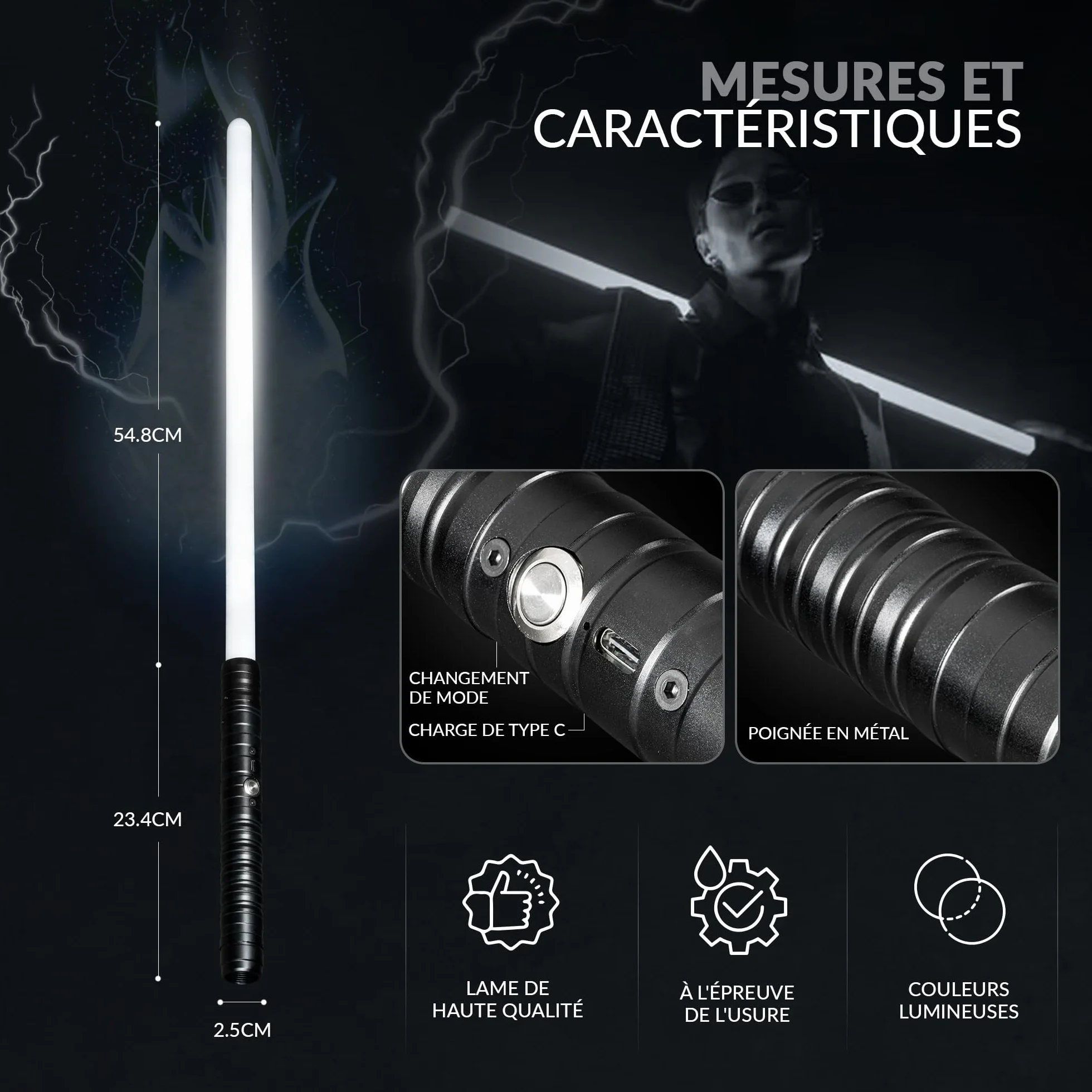 Sabre Laser Enfants Adultes Lot de 2 Épée Laser Double Lame 15 Couleurs Effets Sonores Rechargeable USB Manche Métal Noir