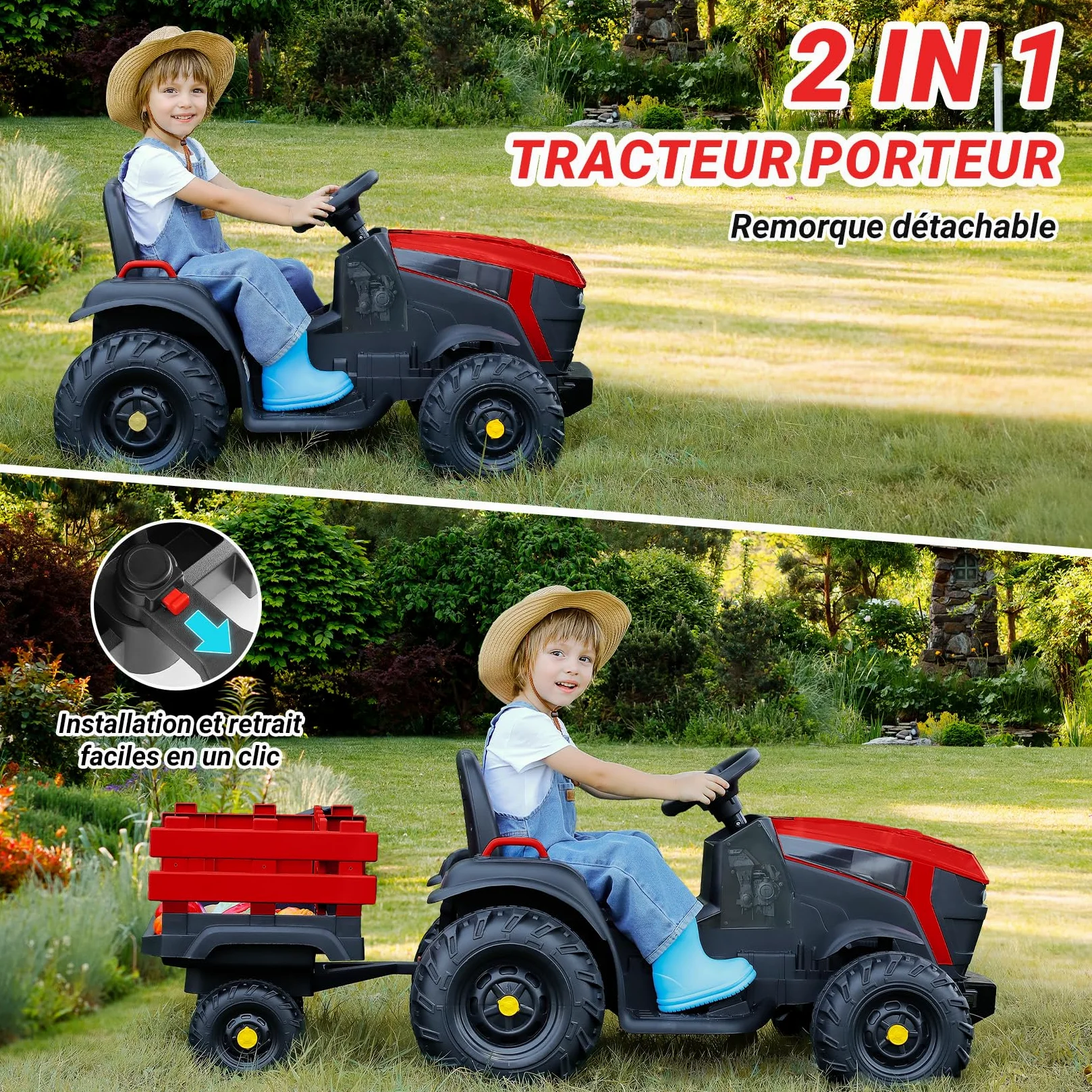 ELEMARA 24V 9AH Tracteur Electrique Enfant avec remorque Amovible Facile,400W Motors Voiture électrique Enfant, Jouet Tracteur Electrique,Ceinture de sécurité à 3 Points pour Les âges 3 +, Rouge