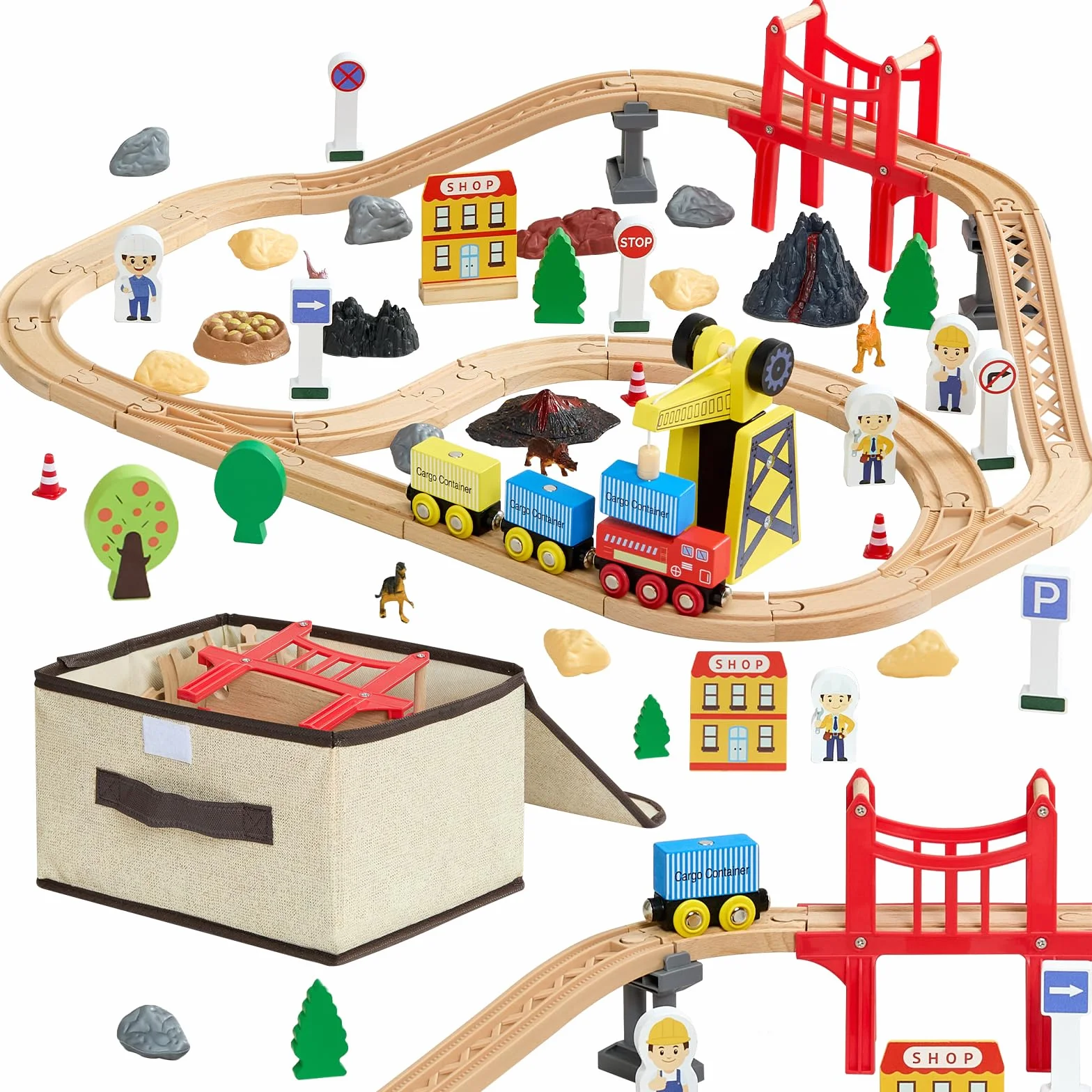 VEVOR Circuit de Train Bois Enfants 70 PCS Ensemble Rails, avec Grue Magnétique, Compatible Grandes Marques