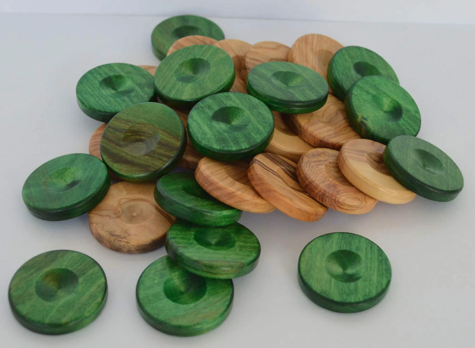 Manopoulos 30 Olive Backgammon Chips 1.4 inches - Natural Olive Wood - Green Color Checkers