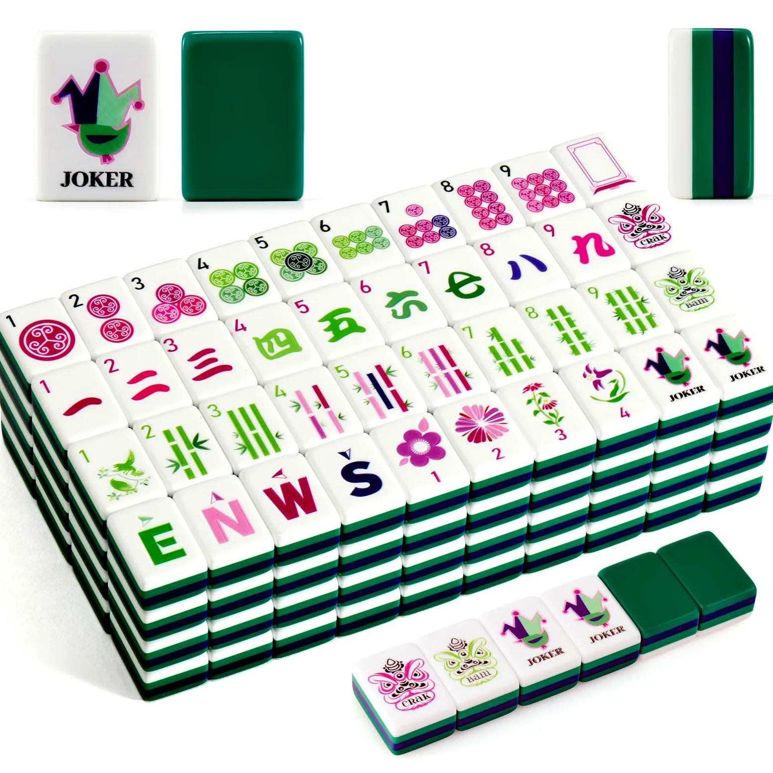 Ensemble de carreaux de mahjong américain (4 couches), 3,1 cm avec sac de transport, ensemble de mahjong de voyage vert 160 pièces, 4 supports tout-en-un, poussoirs et accessoires, cadeaux