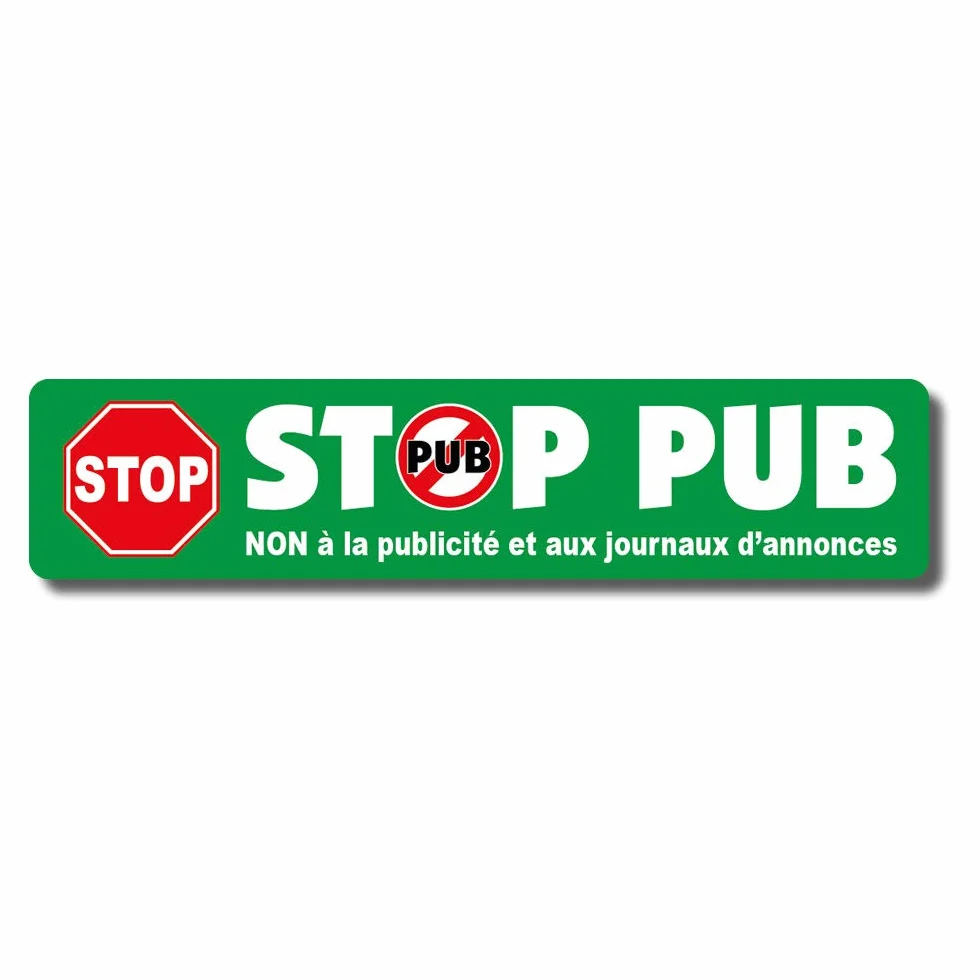 Autocollant Stop Pub Vert 9 x 2 cm Pas de Publicité Écologie Boîtes aux Lettres